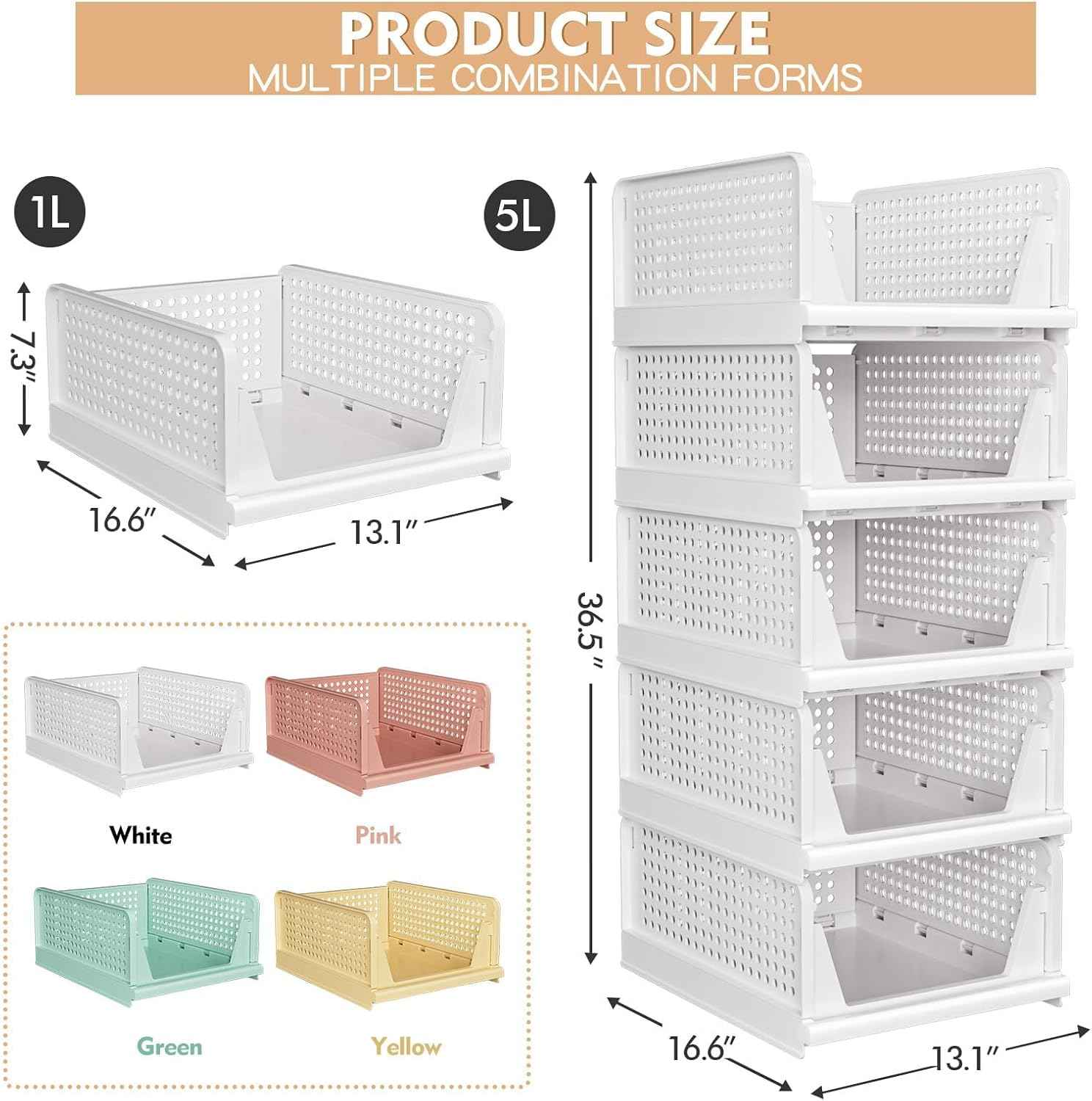 5 Pack Stackable Closet Storage Basket - Stackable Storage Bins, Multifunctional & Foldable Closet Organizer Waterproof, Wardrobe Cupboard Space-Saving Hat Storage Drawer Organizer, White
