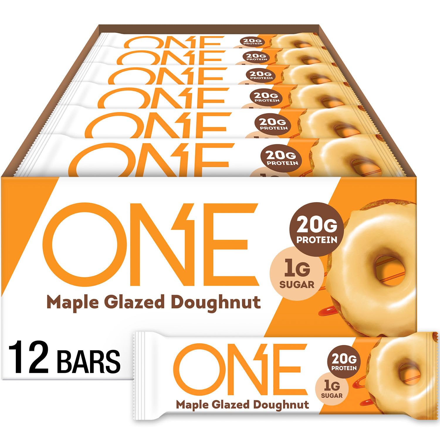 one protein bars maple glazed doughnut gluten free with 20g protein and 1g sugar 12 count