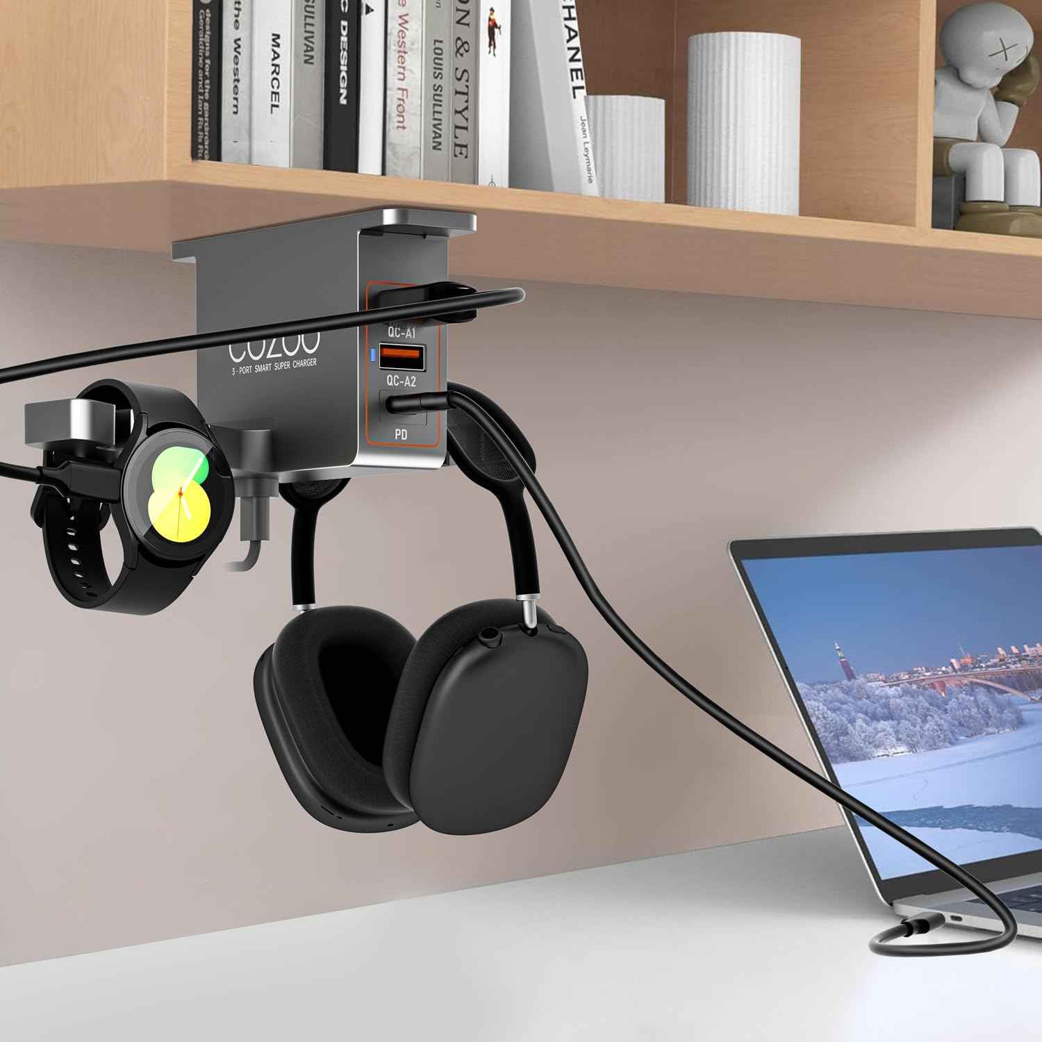 cozoo Headphone Stand with USB Charger Under Desk Headset Holder Mount 3 USB Charging Station,iWatch Stand Watch Dock Dual Earphone Hanger Hook,PC Accessories Gifts,UL Tested