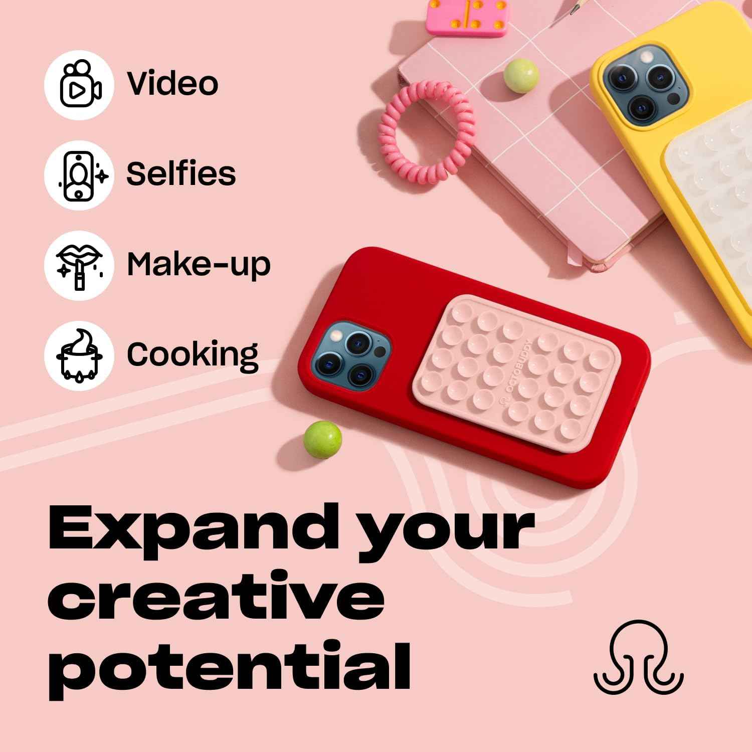 OCTOBUDDY Classic - Silicone Suction Phone Case Adhesive Mount - Hands-Free, Strong Grip Holder for Selfies and Videos - iPhone and Android Compatible - 2.25″ x 3.25″, Chalk Pink
