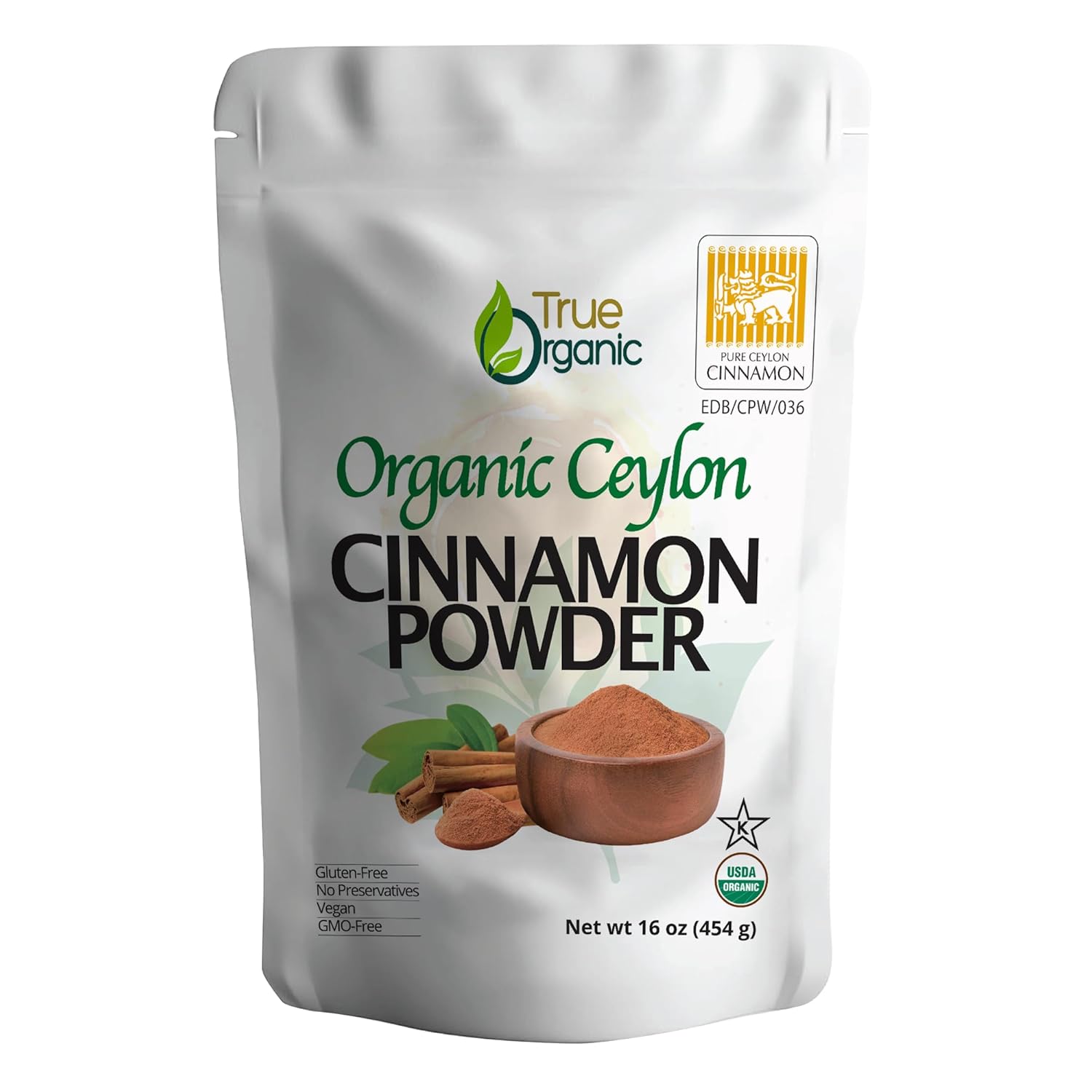 True Organic 1 lb Pure Ceylon Cinnamon Powder, Premium Grade, Gluten Free, USDA & Kosher Certified