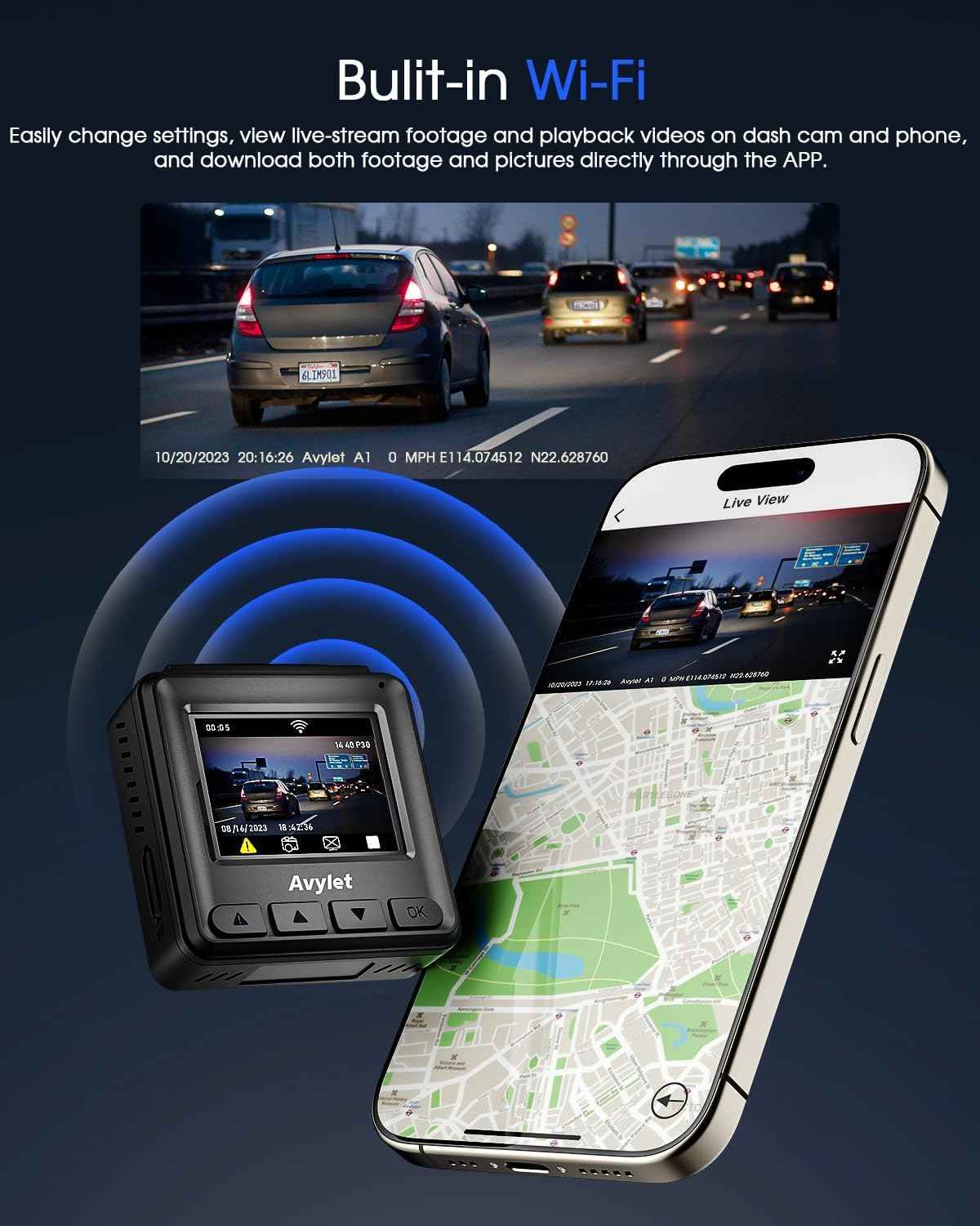 Dash Cam 2K, WiFi Dashcams with APP, External GPS, 1.5'' IPS Screen, Front Dash Camera for Cars, Mini Car Camera, WDR Night Vision, 24H Parking Monitor, Loop Recording, G-Sensor