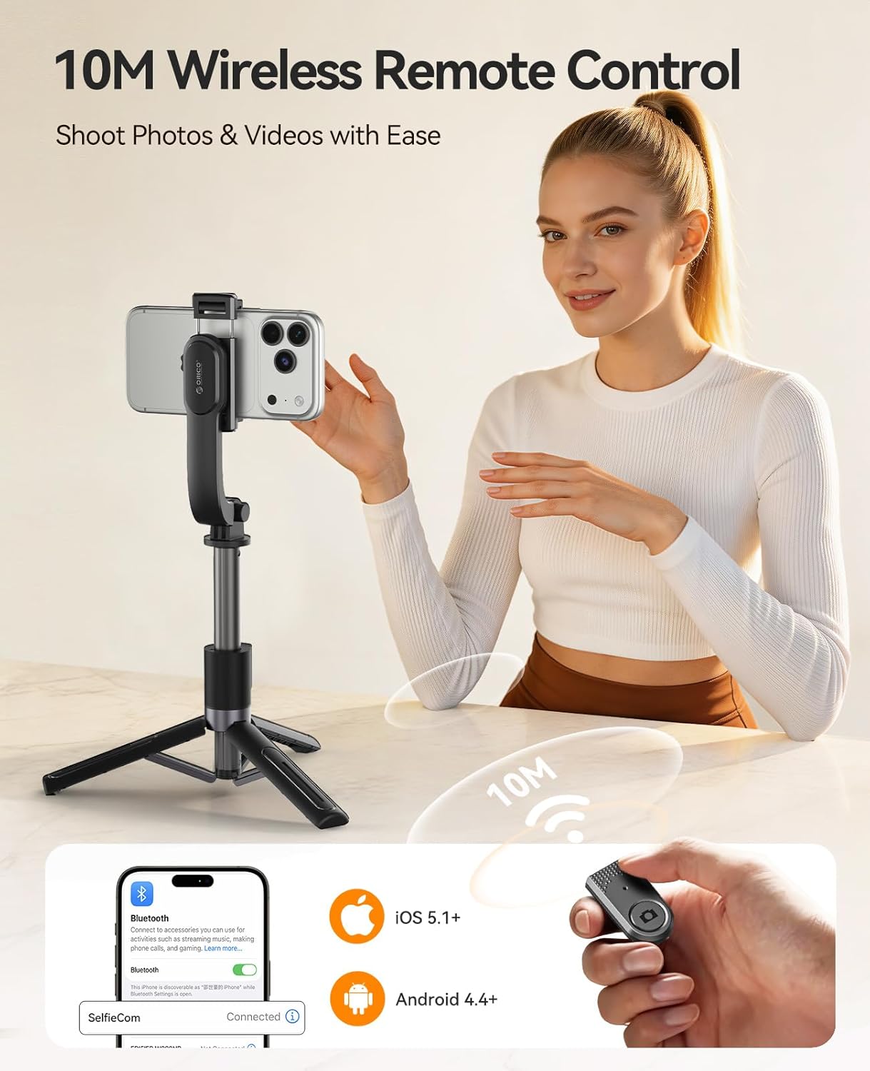 ORICO Aluminum Portable Selfie Stick Tripod, 35'' Mini Tripod for iPhone, Extendable Stand with Detachable Wireless Remote & 360° Rotating Phone Holder – Ideal for Content Creators, Vloggers, Travel