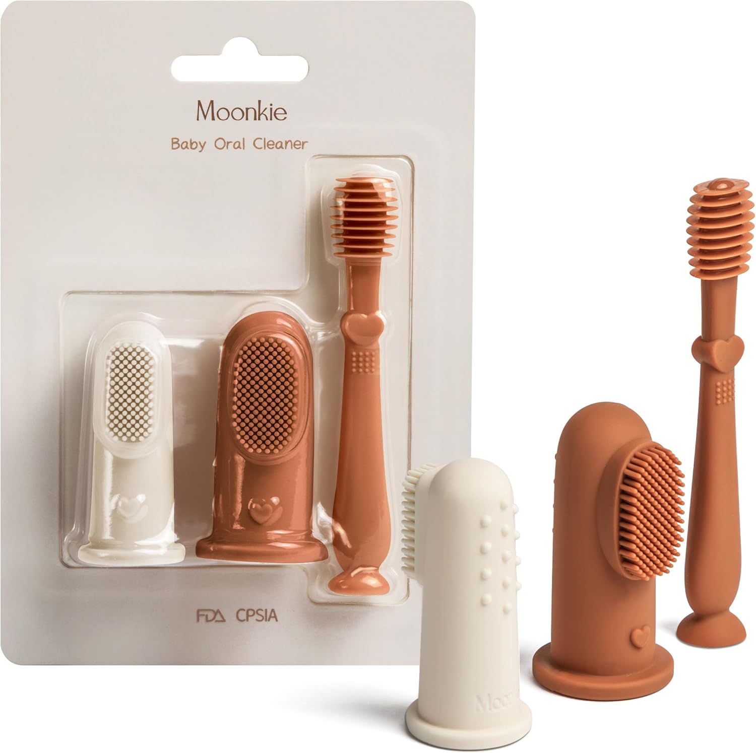 Moonkie Baby Finger Toothbrush Tongue Oral Cleaner Kit for 3 Months +, 3 Pcs, Blush/Pale Mauve/Blush Soft Touch Design