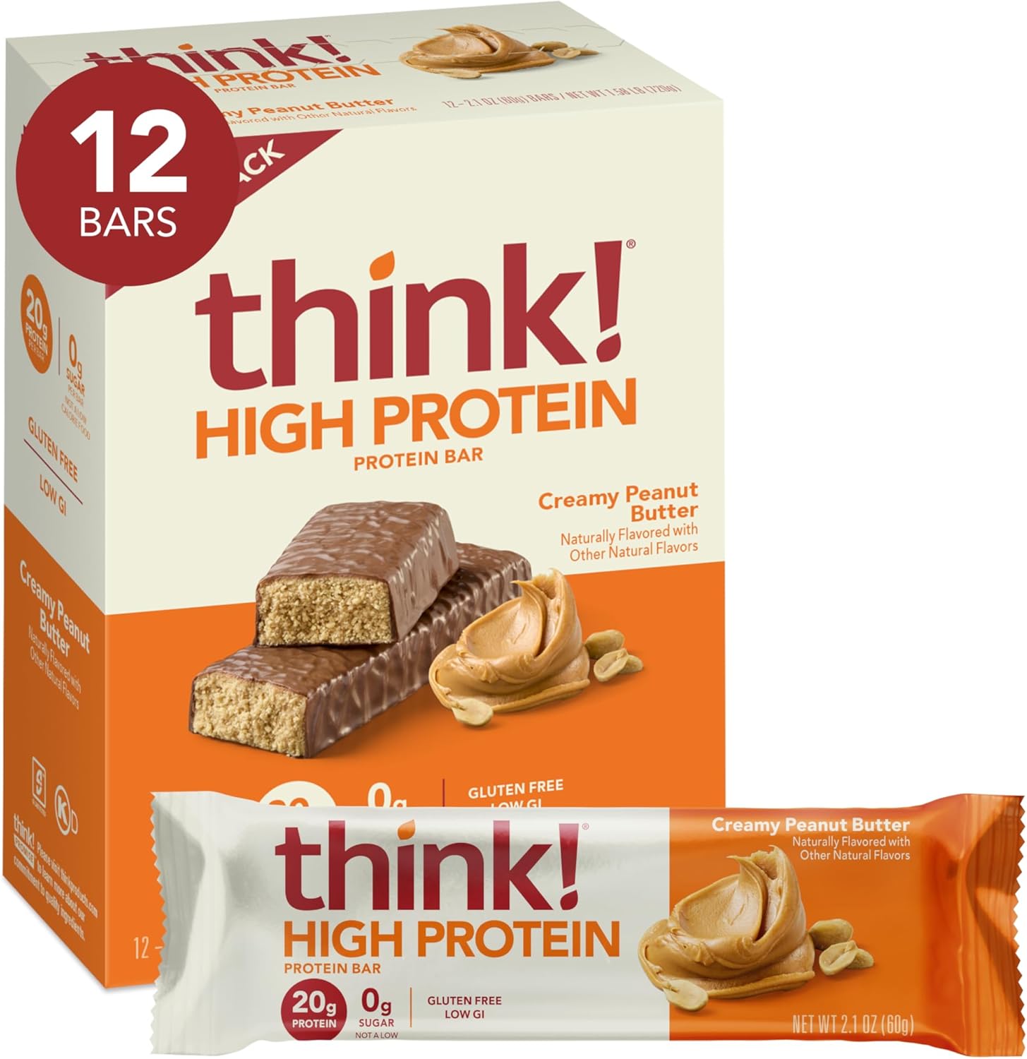 think! protein bars, high protein snacks, gluten-free, kosher-friendly, creamy peanut butter, 20g protein, 12-count pack
