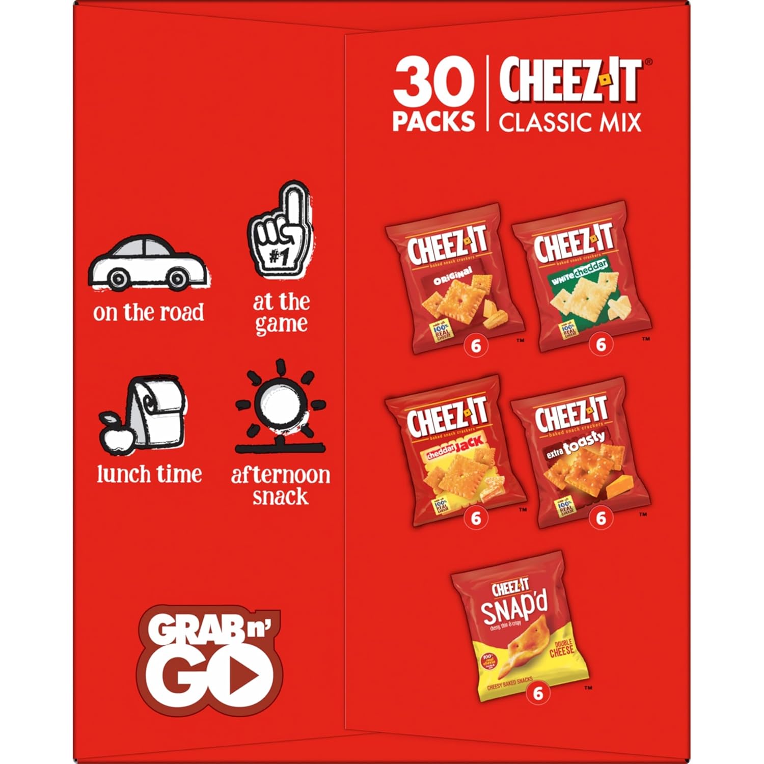 Cheez-It Original, Extra Toasty, Cheddar Jack, White Cheddar, and Cheez-It Snap'd Double Cheese Baked Snack Crackers Variety Pack, 28.74oz Box (30 Packs)
