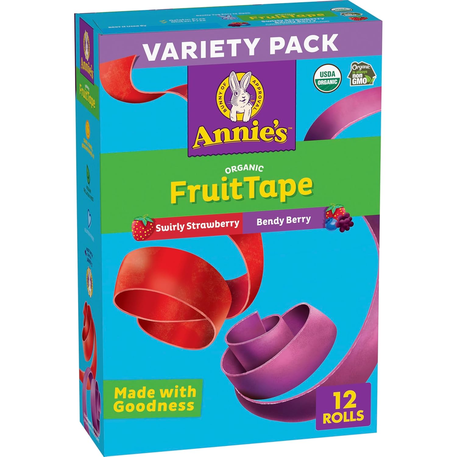 Annie's Organic Fruit Tape, Swirly Strawberry and Bendy Berry, Gluten Free, Variety Pack, 12 Rolls, 9 oz, Organic, Kid-Friendly Snacks, Gelatin-Free, School Snacks