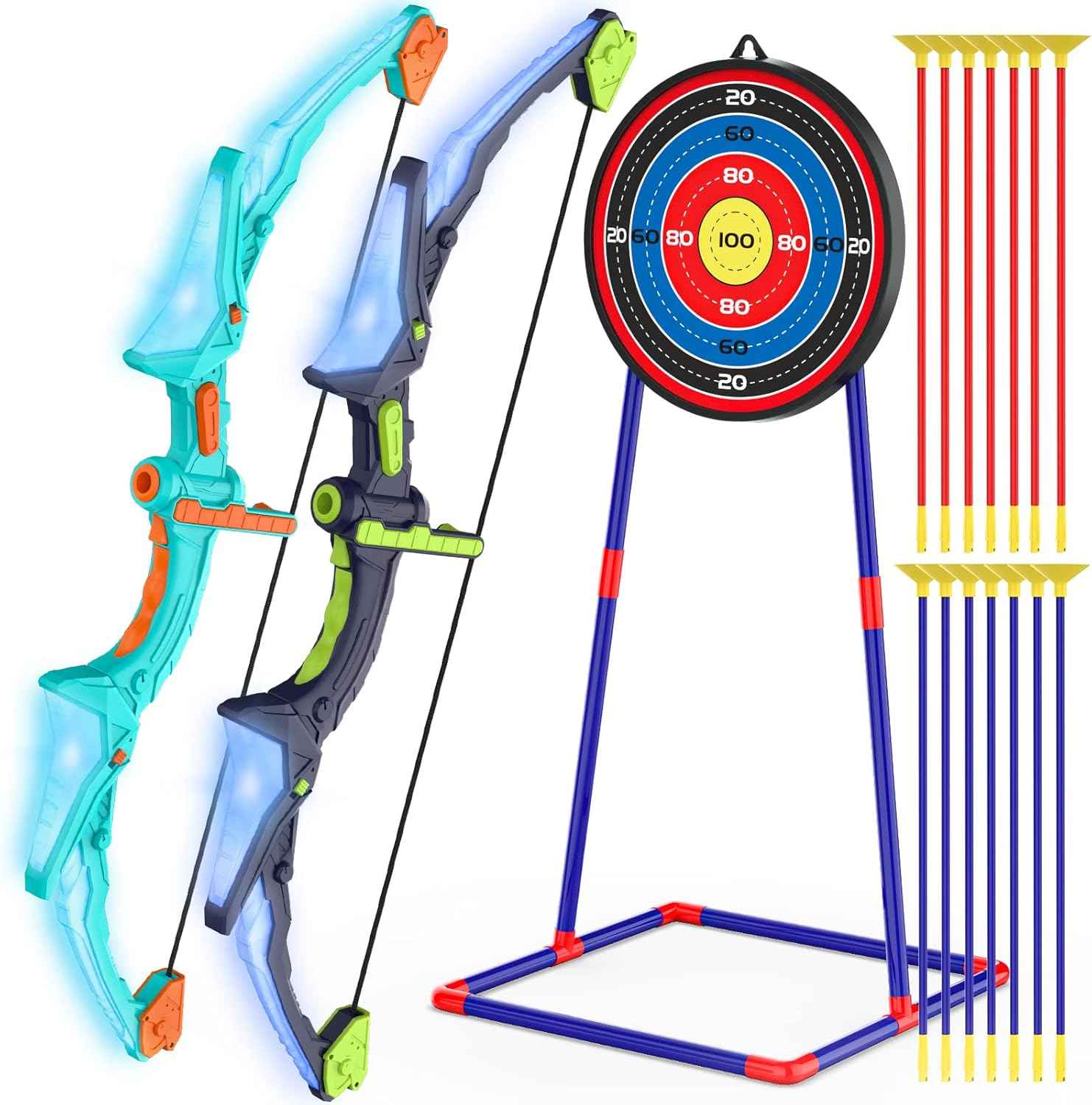Kmuxilal 2 Pack Kids Bow and Arrow Set with LED Flash Lights, 14 Suction Cup Arrows and Fluorescence Standing Target-Perfect Indoor and Outdoor Game Archery Set Toy Gift for 4 5 6 7 8-12 Year Old Boys