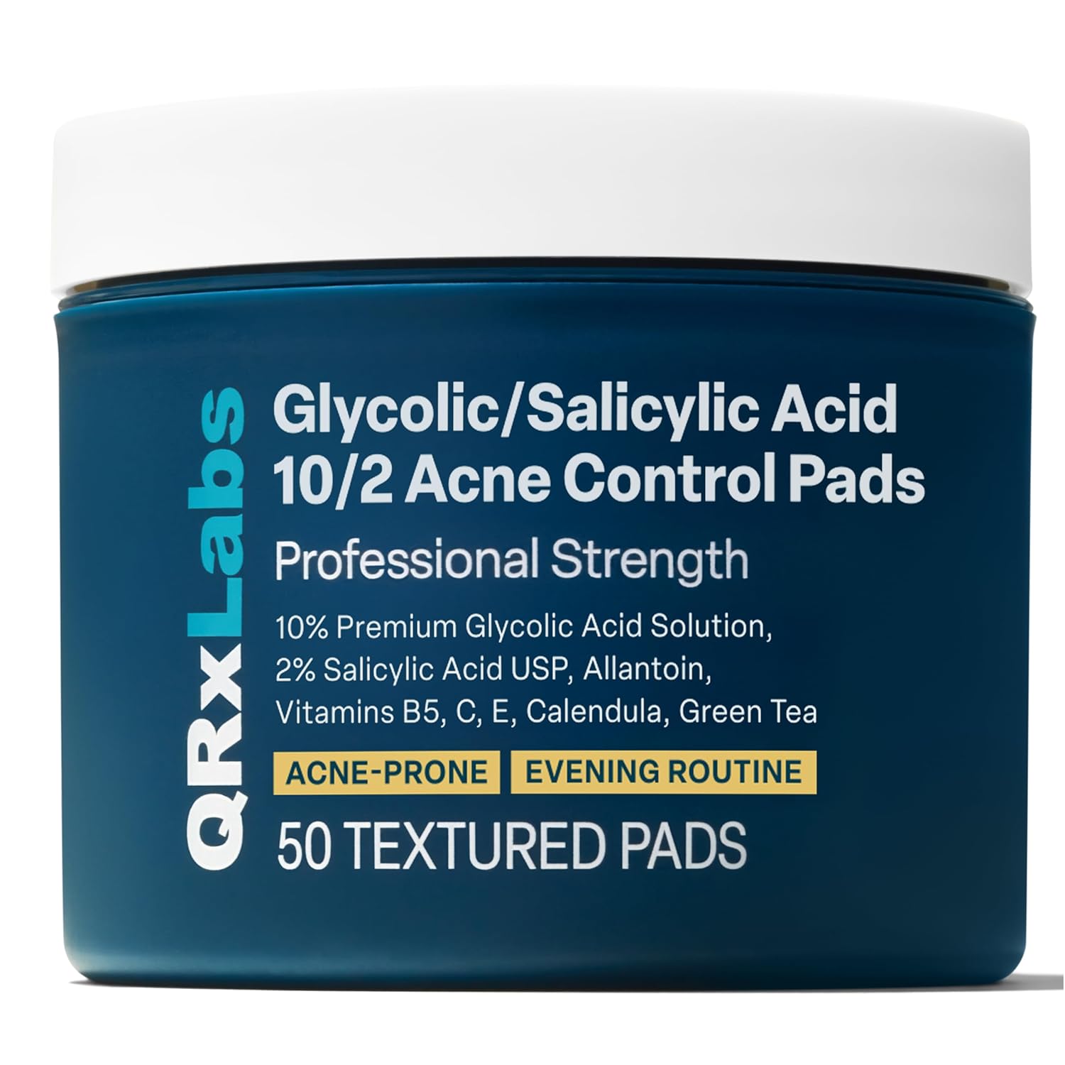 qrxlabs salicylic & glycolic acid pads 2% salicylic & 10% glycolic acne pads for face & bacne with vitamins b5, c, e, calendula, and green tea - 50 count
