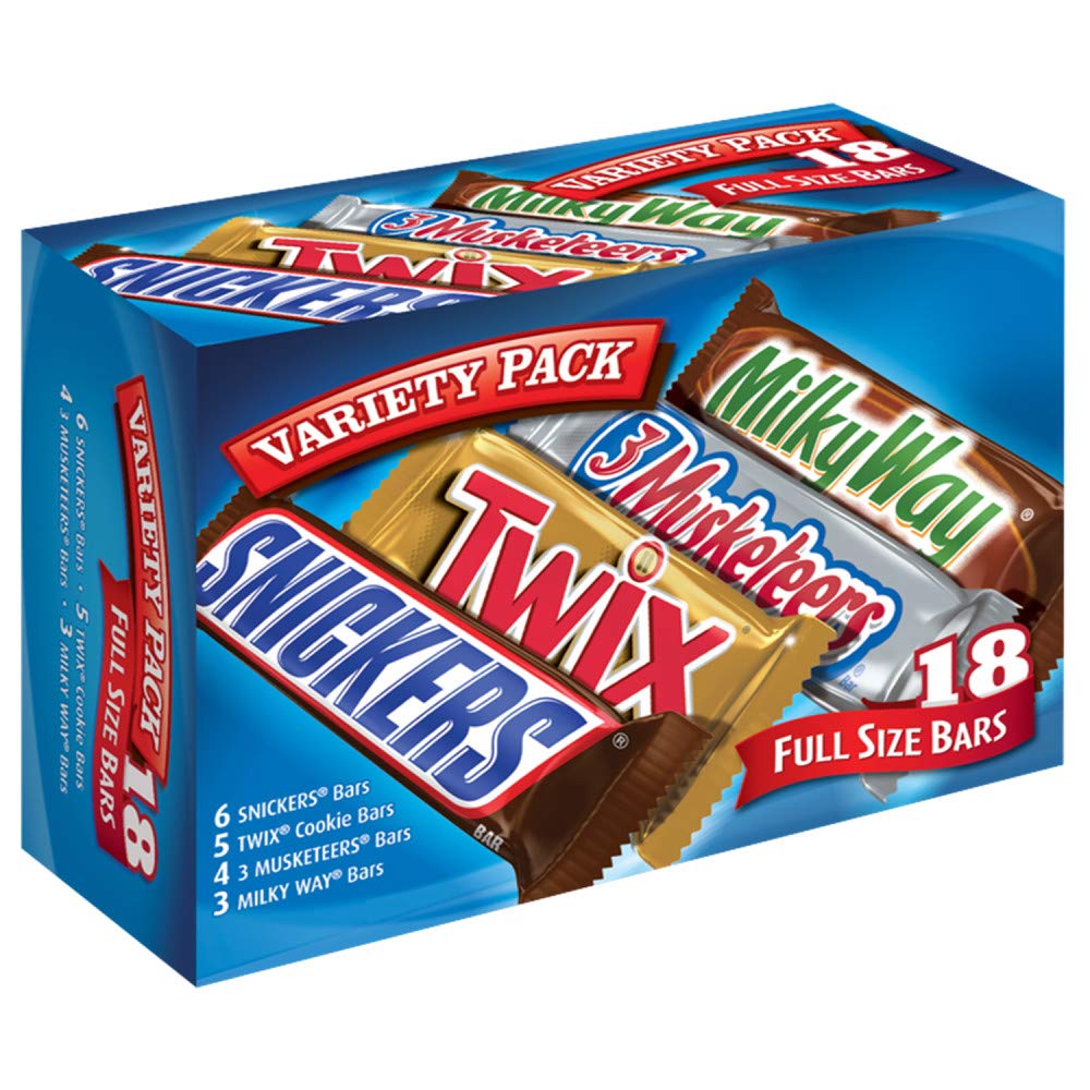 snickers, twix, milky way & 3 musketeers individually wrapped full-size milk chocolate candy bars bulk assortment 33.31 oz 18 bars