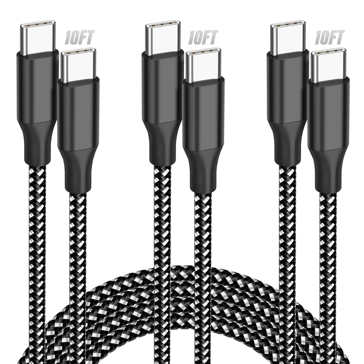 KYEHD 3-pack 10FT 60W fast charging USB-C cables for iPhone 17/16/15, iPad, MacBook, CarPlay and more, grey and white