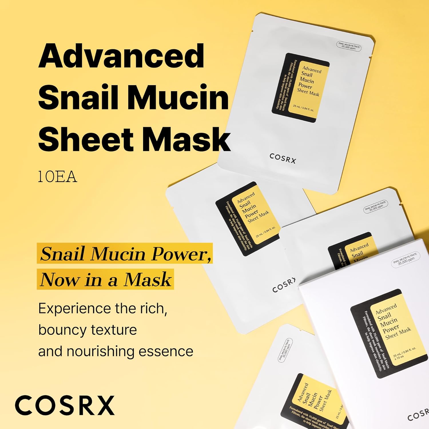cosrx snail mucin sheet mask 10ea, 35000ppm snail mucin, self care, dry sensitive skin, cruelty free