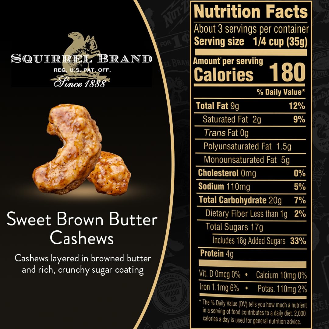 squirrel brand sweet brown butter cashews 3.5 ounces gluten free vegetarian resealable bag