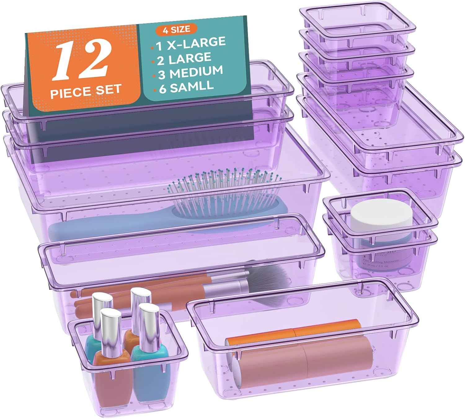 12 PCS Drawer Organizer Set, 4 Sizes Tool Storage Trays, Clear Plastic Makeup Vanity Organizer and Storage Bins for Makeup, Stationeries, Multiple Gadgets for Bathroom, Office, Bedroom
