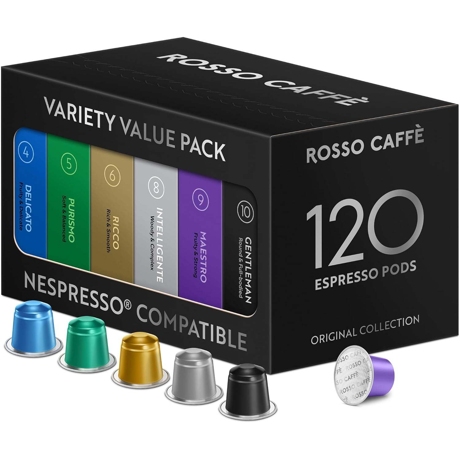 rosso caffè 120 espresso coffee pods, 6 flavors, nespresso original machines, 120 count variety pack