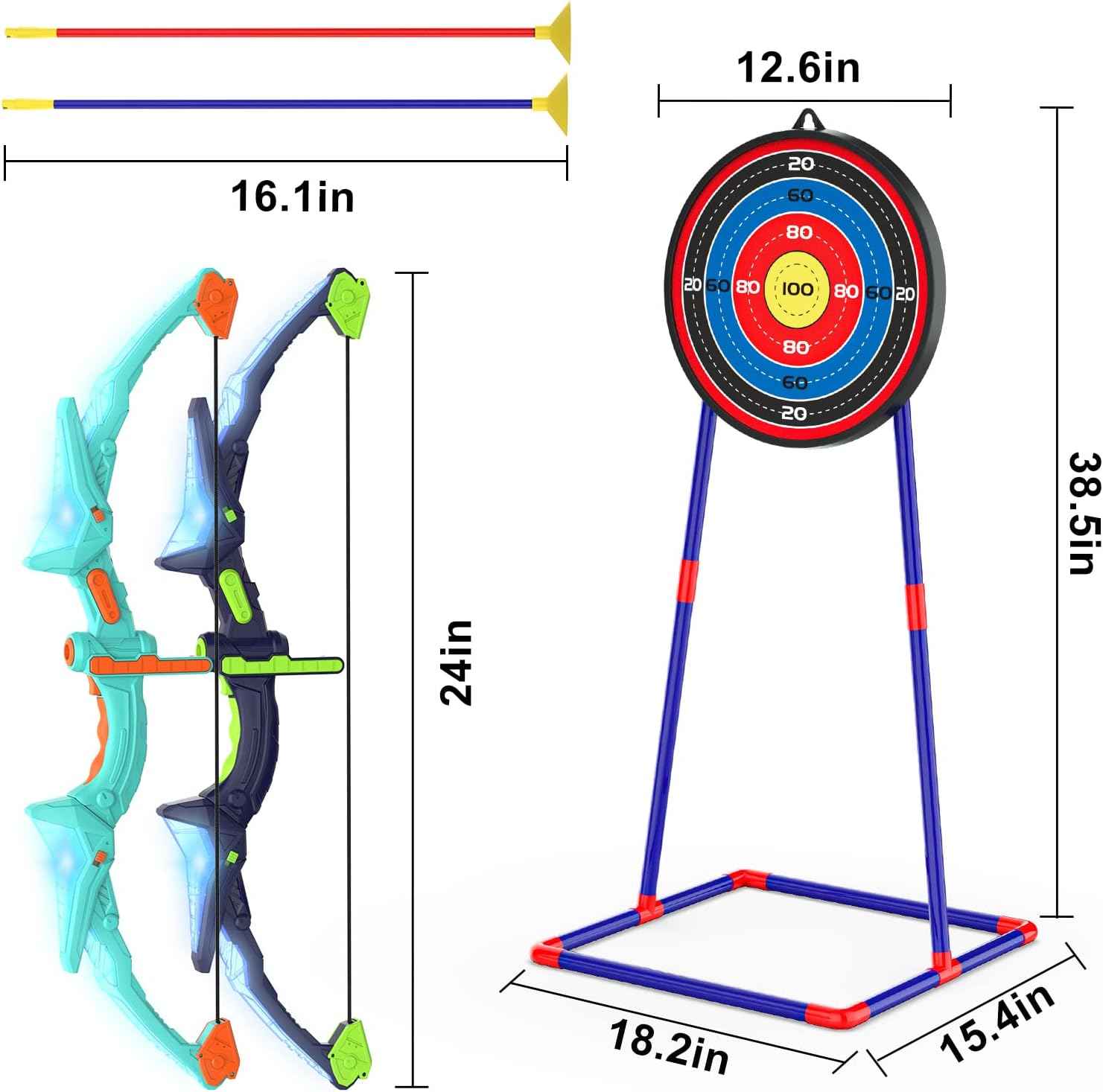 Kmuxilal 2 Pack Kids Bow and Arrow Set with LED Flash Lights, 14 Suction Cup Arrows and Fluorescence Standing Target-Perfect Indoor and Outdoor Game Archery Set Toy Gift for 4 5 6 7 8-12 Year Old Boys