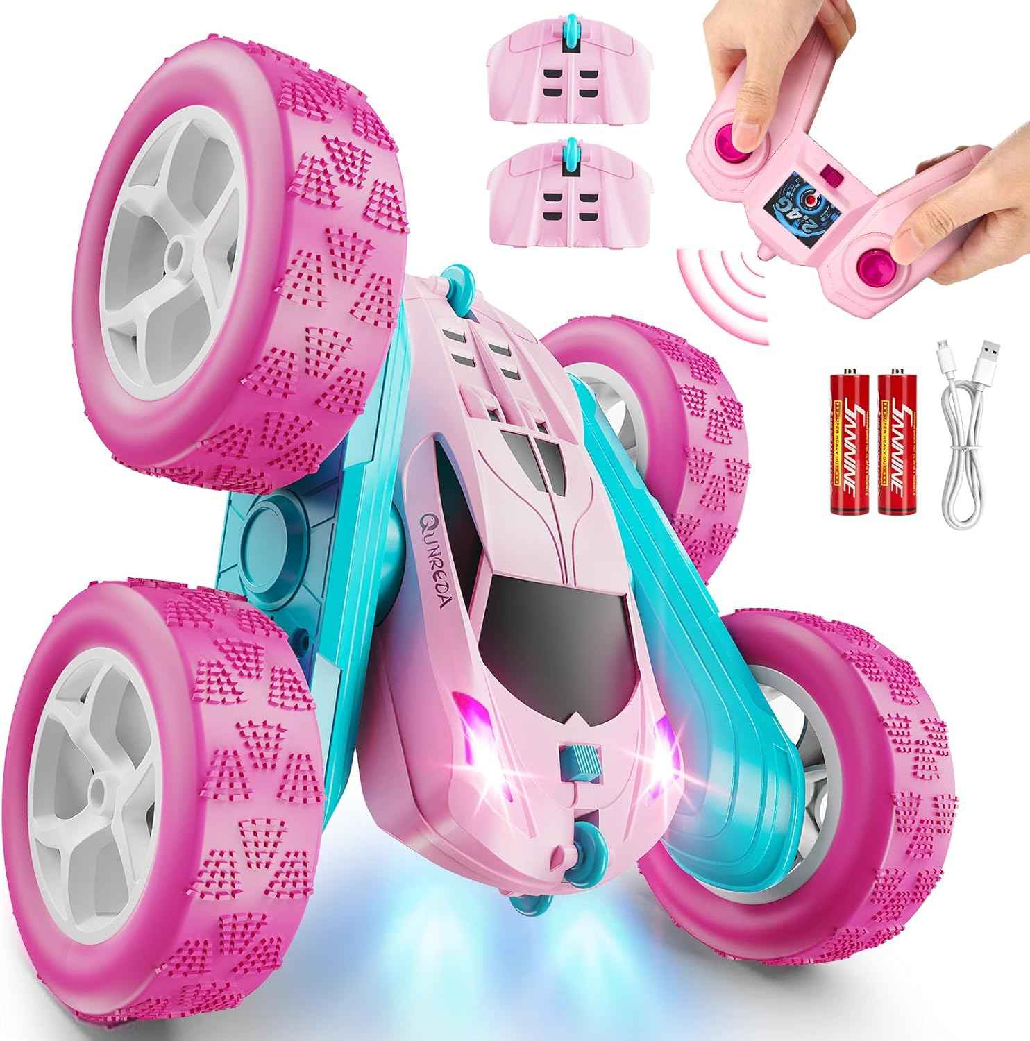 Remote Control Car, RC Cars Toys for Kids Ages 6-12, 4WD Stunt Car with LED Lights & 360° Flips, 2.4GHz, Upgraded USB-C Modular Batteries, 8-10 Year Old Boys Birthday Gift 1-Blue