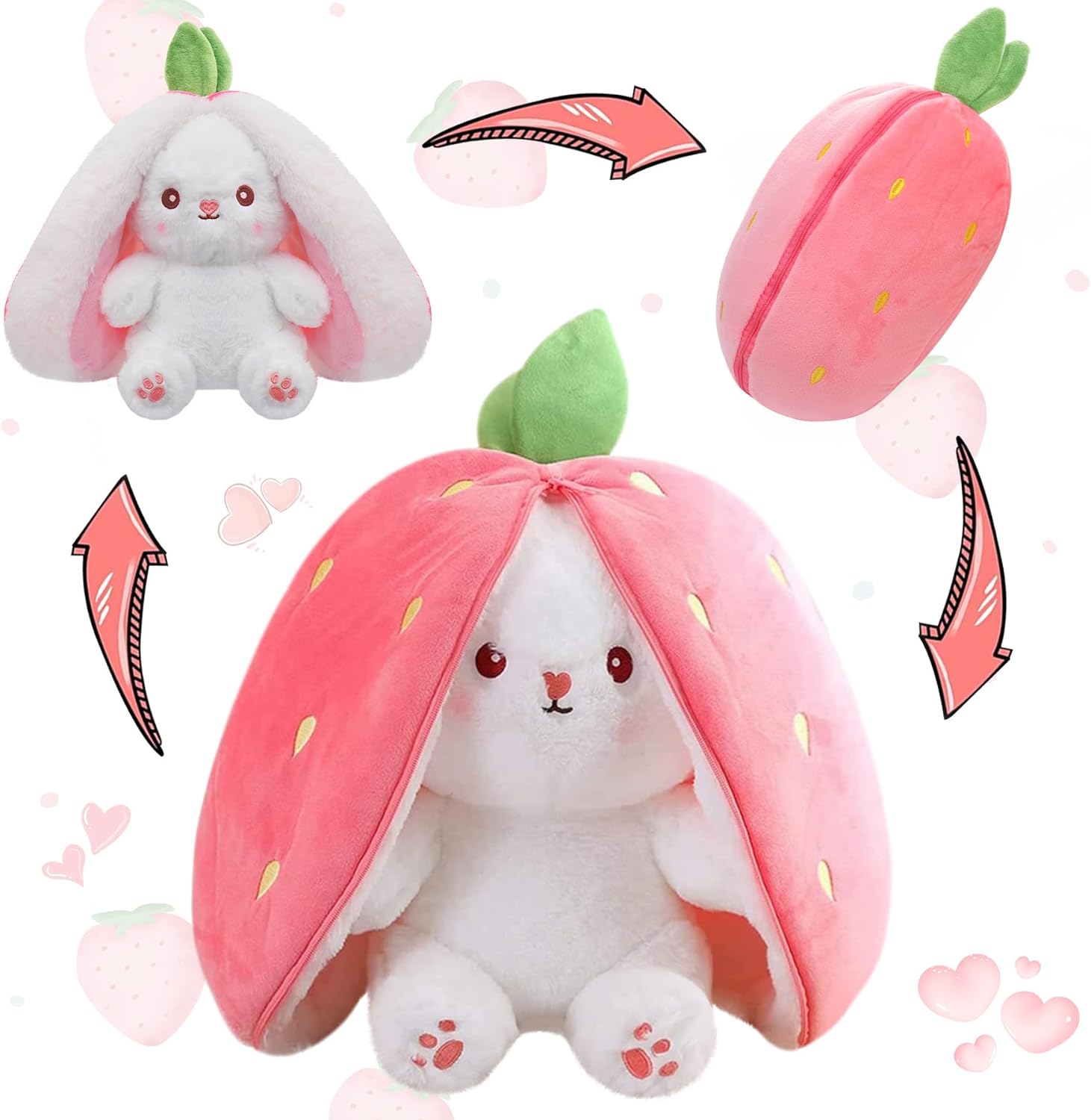 miaodam strawberry bunny reversible cuddle bunny plush zipper transformed rabbit toy