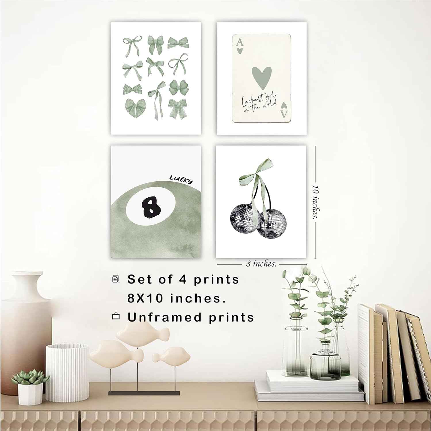 okaxscm Sage Green Coquette Trendy Preppy Wall Art Prints Set of 4, Coquette Preppy Room Decor Aesthetic, Green Bow Disco 8 Ball Cherry Wall Decor Posters for Girls Bedroom Dorm, 8x10 Unframed