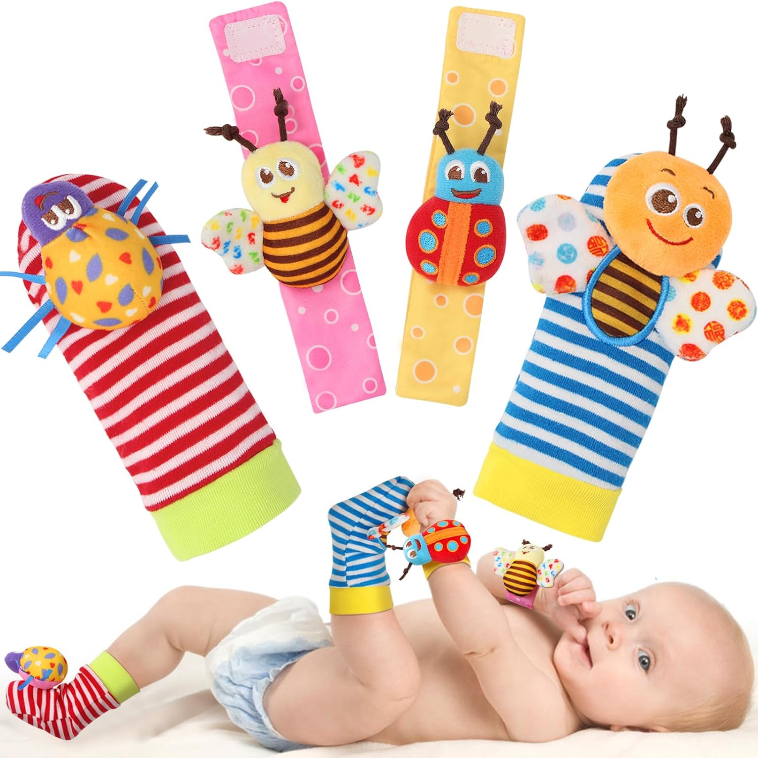 Bloobloomax soft rattle socks and foot finder set for infant girls and boys 0-36 months, baby shower gifts