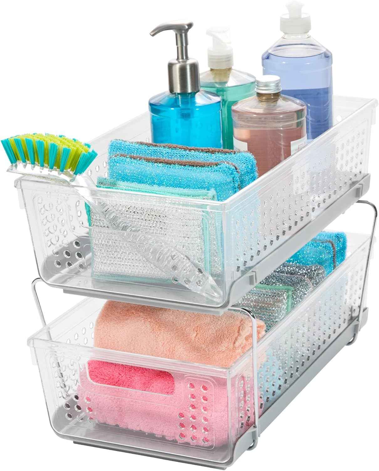 madesmart 2 Tier Bath Organizer, Undersink Storage with Sliding Drawers, for Cleaning Supplies, Pantry, Sponges, Bottles & Kitchen Essentials, Adjustable Dividers & Pull Out Sliding Baskets, Frost