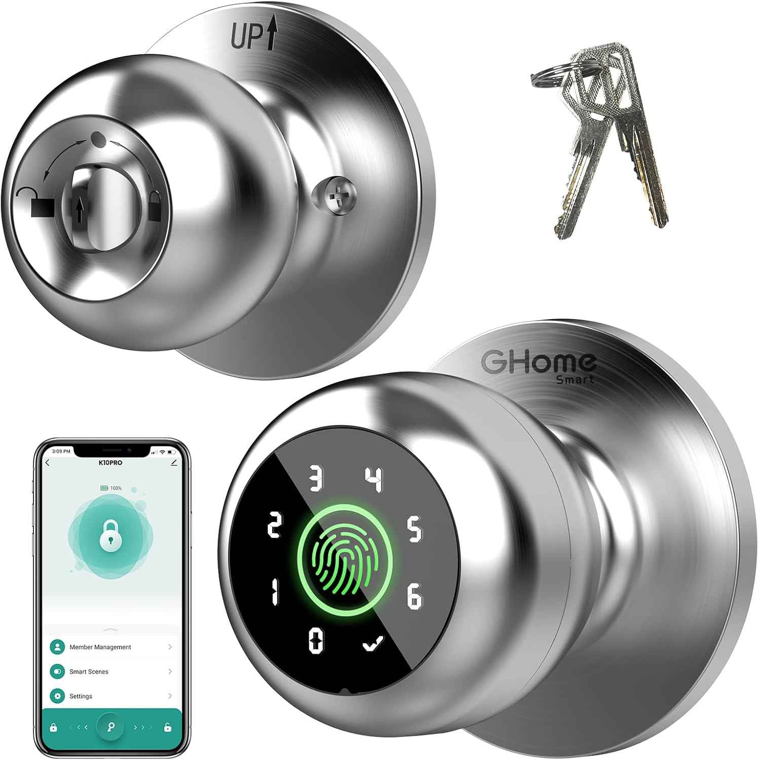 GHome Smart Fingerprint Door Lock, 3 in 1 Smart Fingerprint Door Knob with App Control & Key, Auto Lock, Biometric Thumbprint Door Locks for Bedroom, Garage, Home & Office