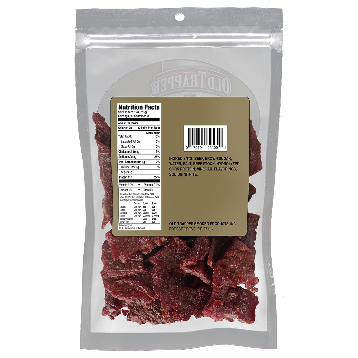 Old Trapper old fashioned beef jerky, tender meat snacks with 11 grams of protein, zero grams of fat, and 70 calories per serving