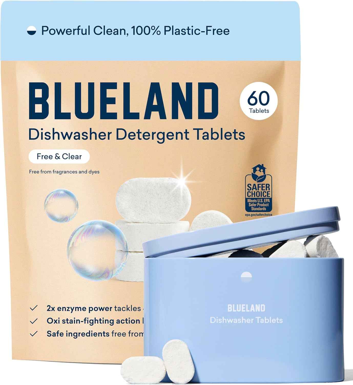 BLUELAND 100% Plastic-Free Dishwasher Detergent Tablets, 60 Count, Free & Clear, Eco-Friendly Dishwashing Pods, Natural, USDA Certified biobased
