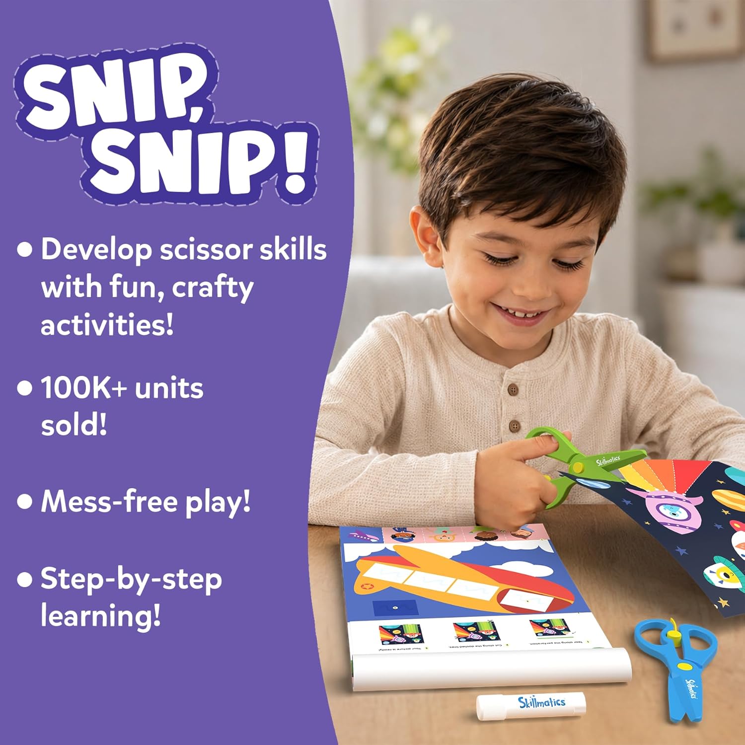 Skillmatics Scissor Skills Activity Book - Snip Snip, 25 Cutting Activities for Preschoolers, Felt Craft Kit, 2 Child-Safe Scissors, Fine Motor Skills, Screen-Free Fun, Gifts for Kids Ages 3-7