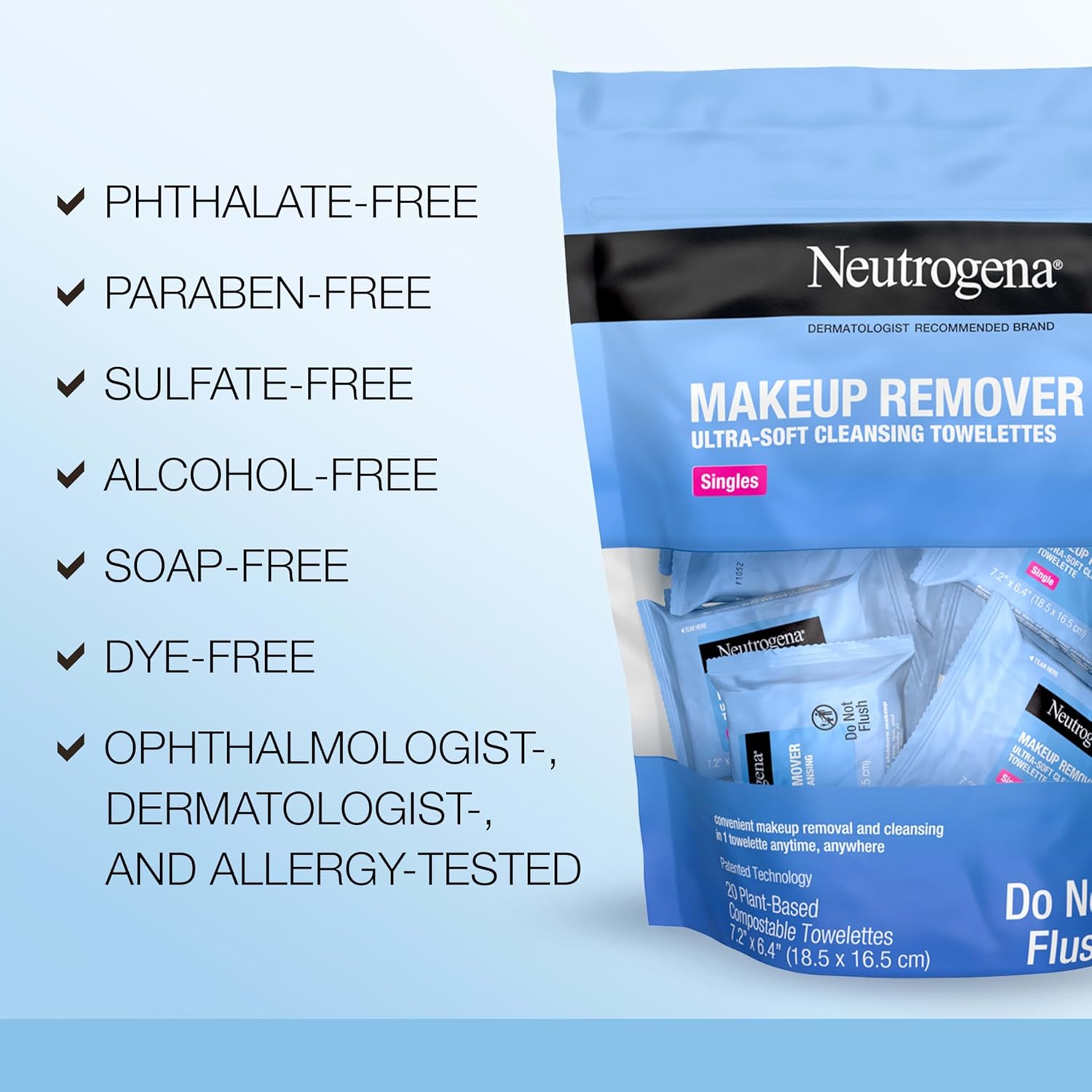 Neutrogena daily makeup remover wipes, 20 count, single face cleansing towelettes, alcohol-free, 100% plant-based