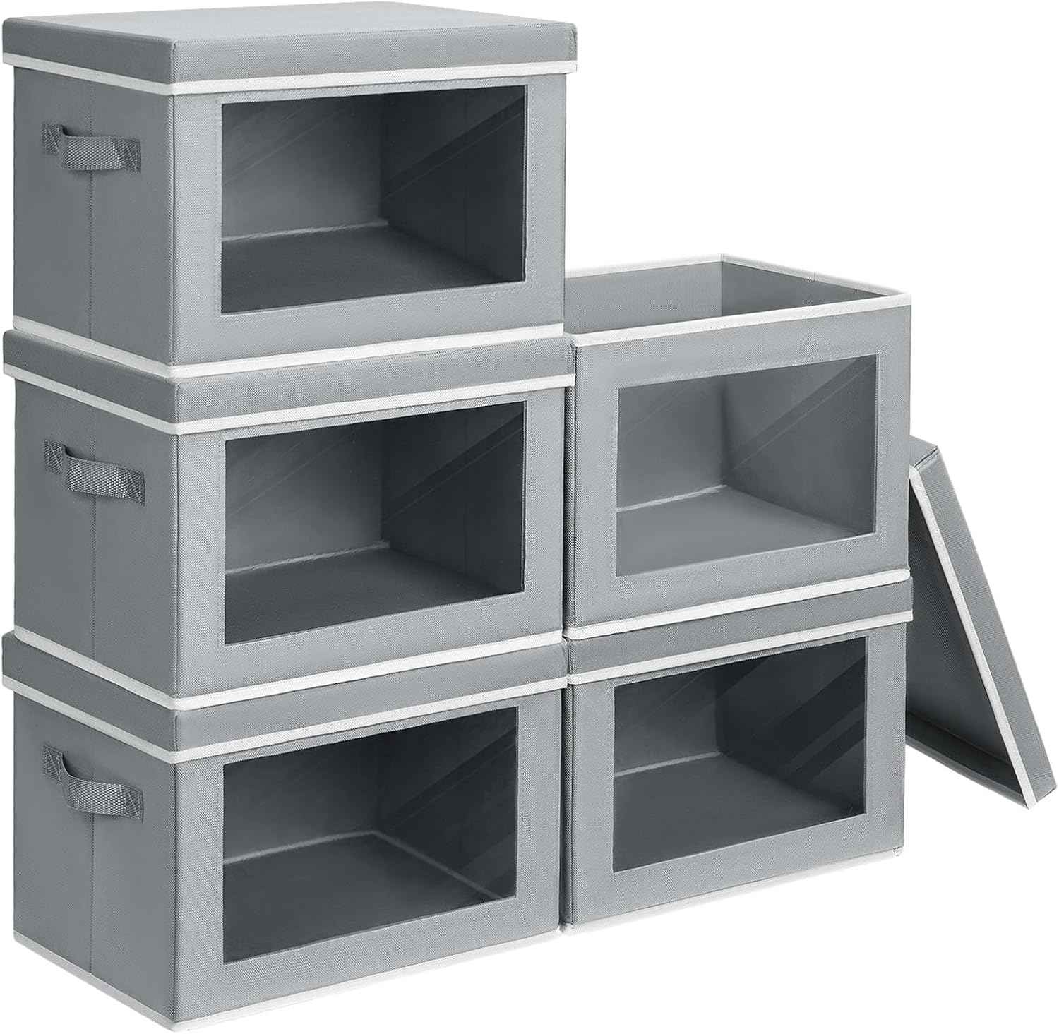 Storage Bins with Lids - Fabric Closet Storage Bins with Window, Collapsible Baskets for Shelves 4 Pack, Home Decorative Boxes for Clothes, Closet, Office, Grey