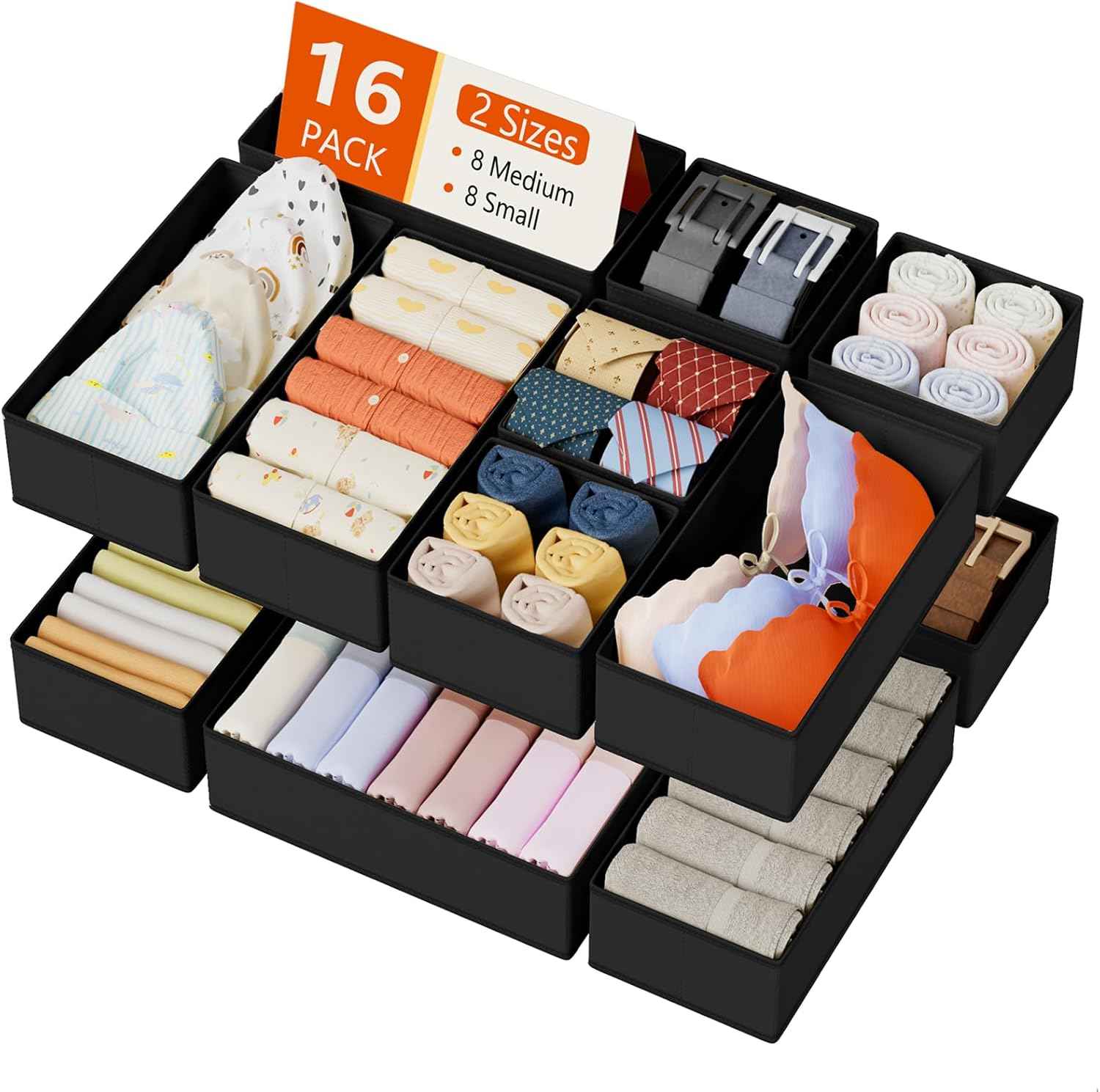 DIMJ Drawer Organizers Clothes, Set of 4 Dresser Organizer Bins, Fabric Closet Organizers and Storage, Shallow Drawer Dividers for Nursery, Clothing, Baby Clothes, Socks, Underwears, Tie (Beige)