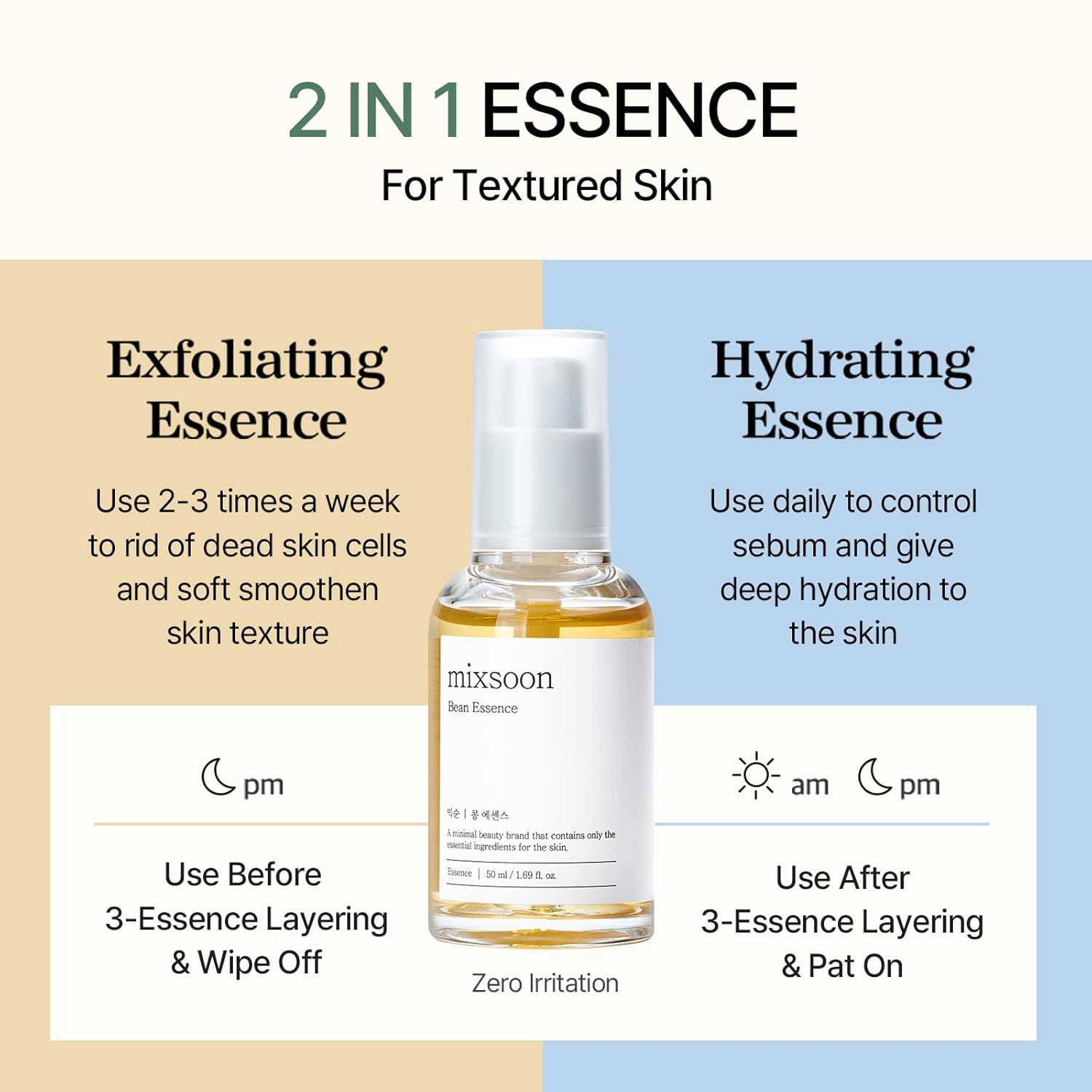 Mixsoon bean essence exfoliating hyaluronic acid serum for textured skin, vegan, no artificial fragrance