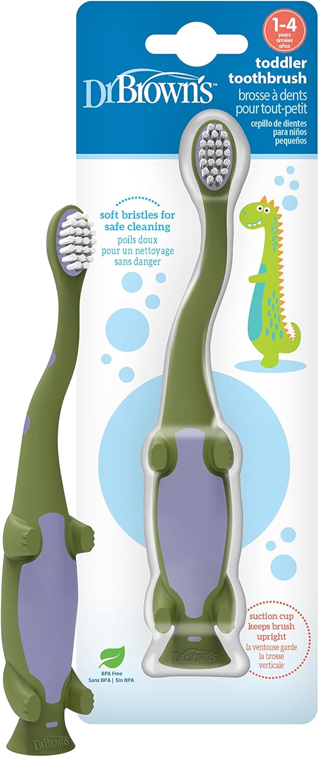 Dr Brown's Baby Toddler Toothbrush Green and Orange Dinosaur 2-Pack Ages 1-4 Years Soft Bristles Suction Cup Base