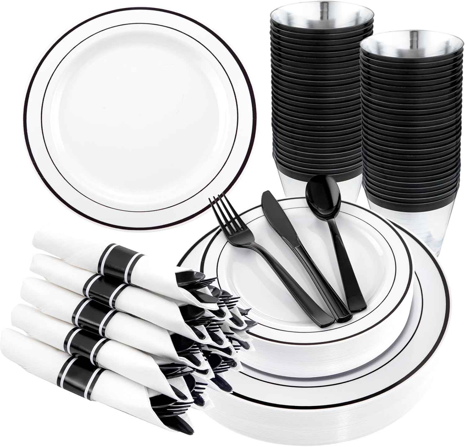 WELLIFE 700 Pieces Gold Plastic Dinnerware Set for 100 Guests - Includes Plates, Cups, Napkins, and Disposable Cutlery - Elegant White & Gold Design, Perfect for Parties and Events