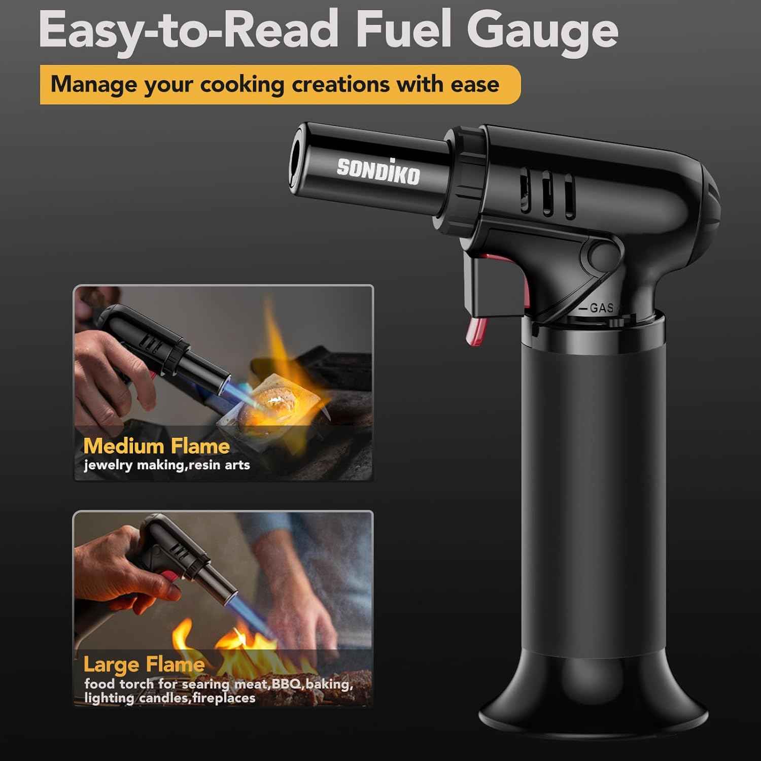 Sondiko Butane Torch Lighter with Fuel Gauge, Refillable Soldering Torch with Adjustable Flame for Welding, Resin Art, Industrial(Butane Gas Not Included)