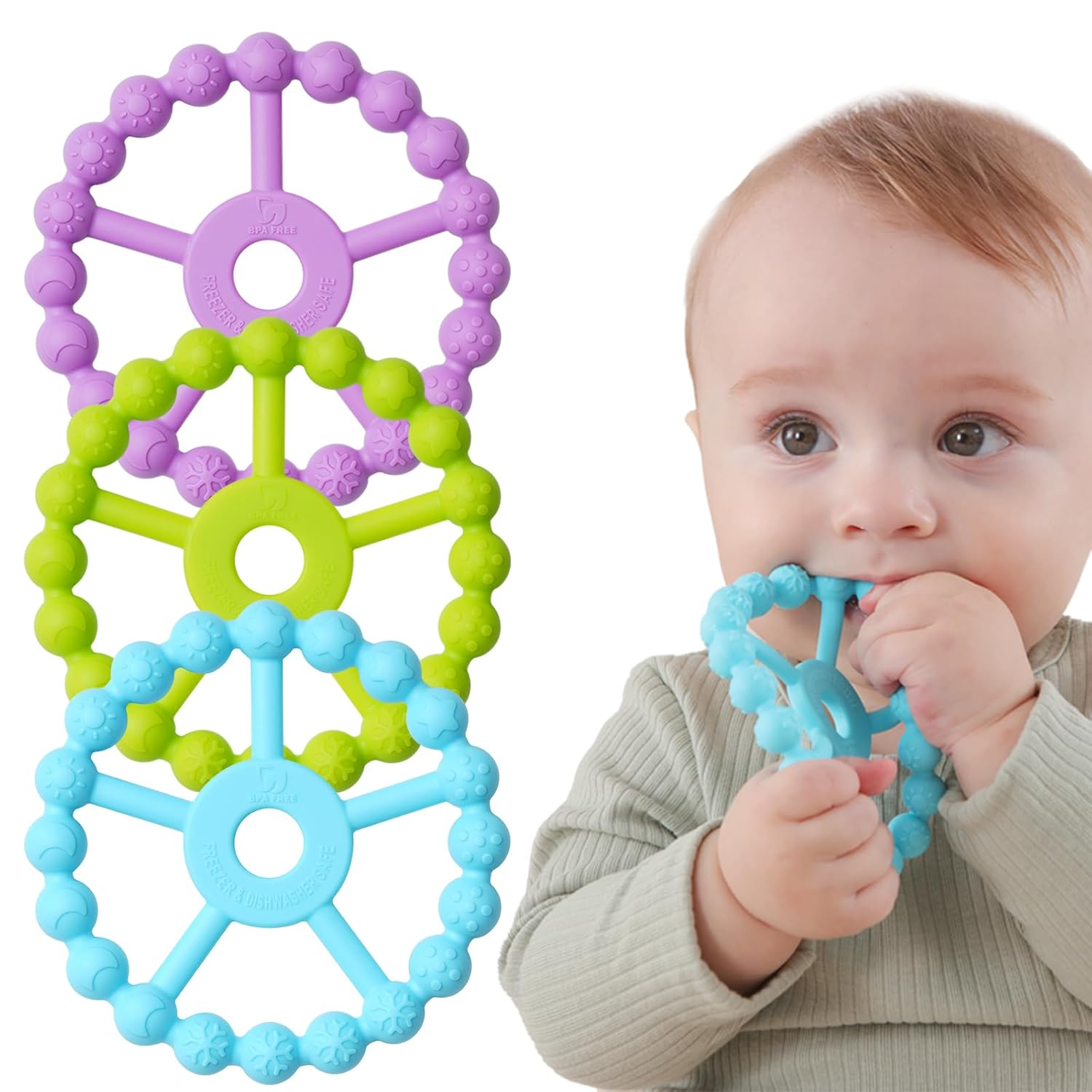 silicone teether ring toys for babies 0-6 months, 3-pack purple pink white