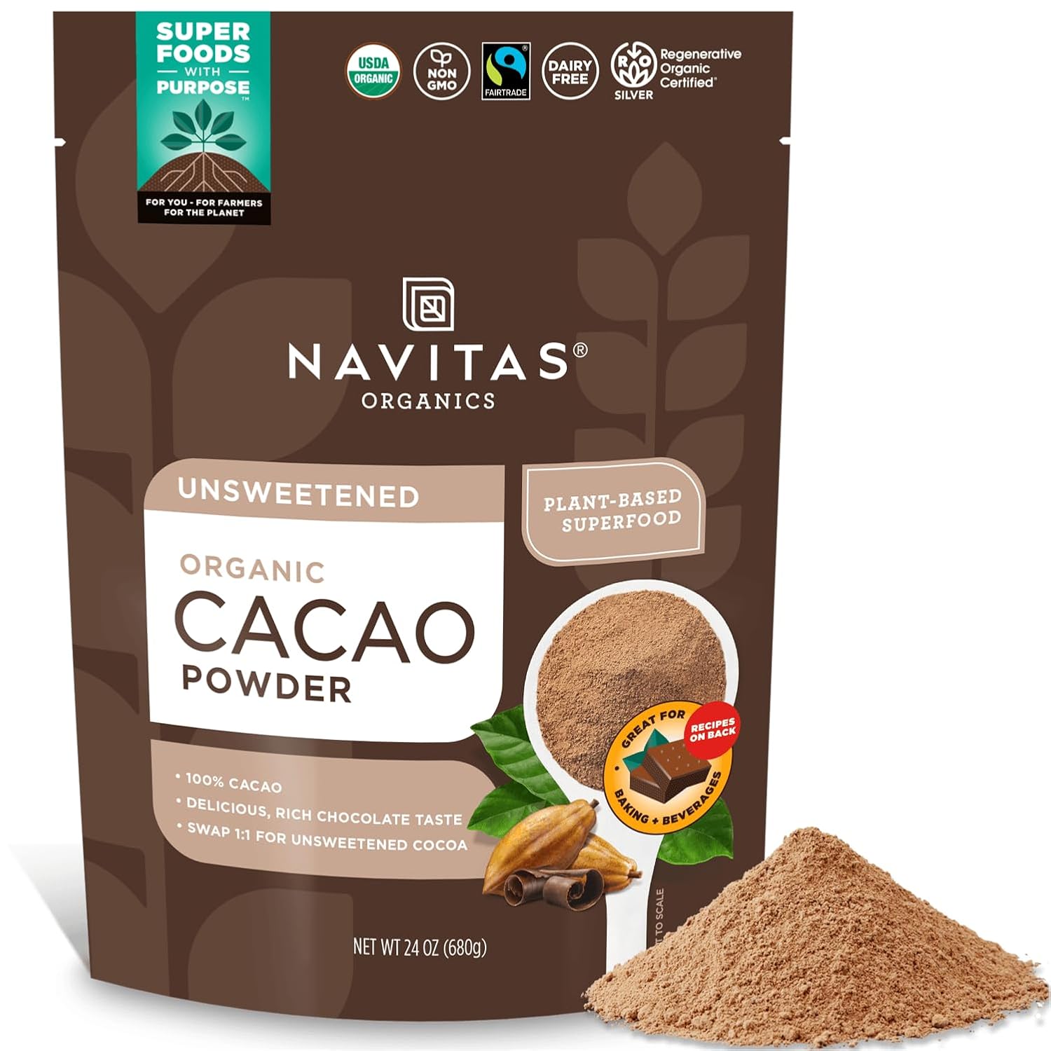 navitas organics cacao powder, 1:1 substitute, regenerative organic certified, 24oz, 113 servings