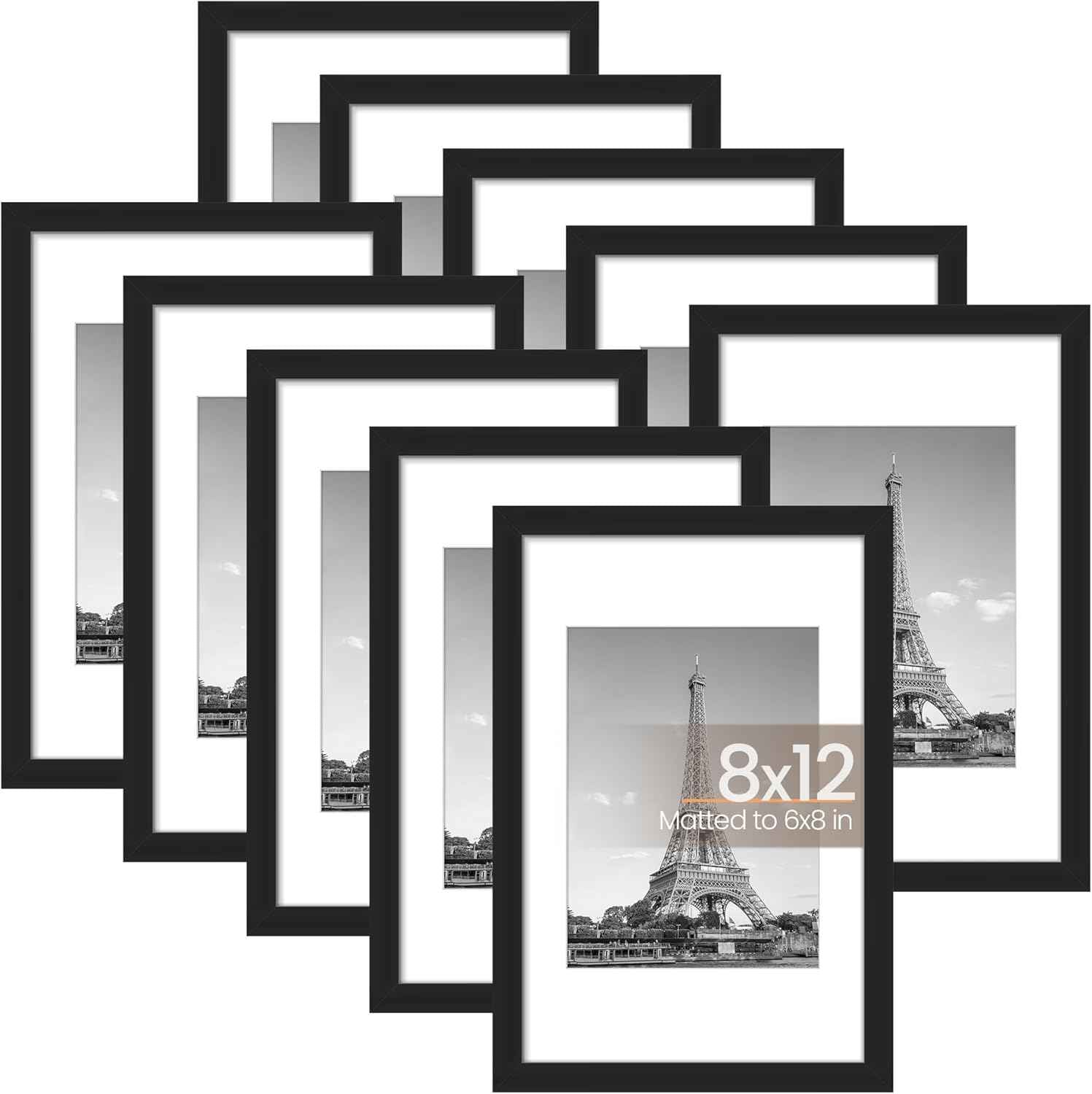 upsimples 5x7 Picture Frame Set of 10, Display Pictures 4x6 with Mat or 5x7 Without, Multi Photo Frames Collage for Wall or Tabletop Display, Black