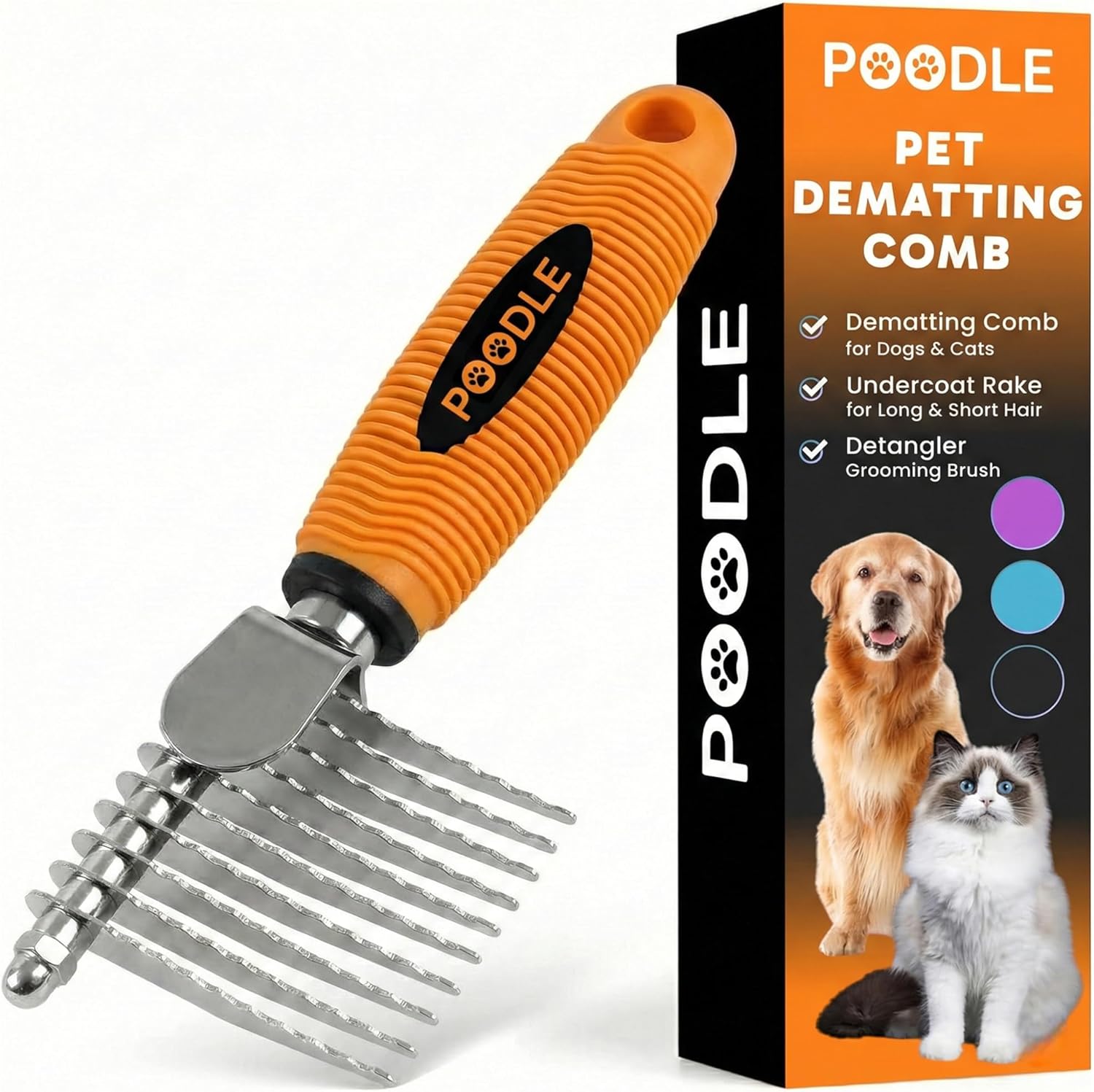 poodle-dematting-fur-rake-comb-brush-for-dogs-and-cats-with-long-2.5inch-steel-safety-blades