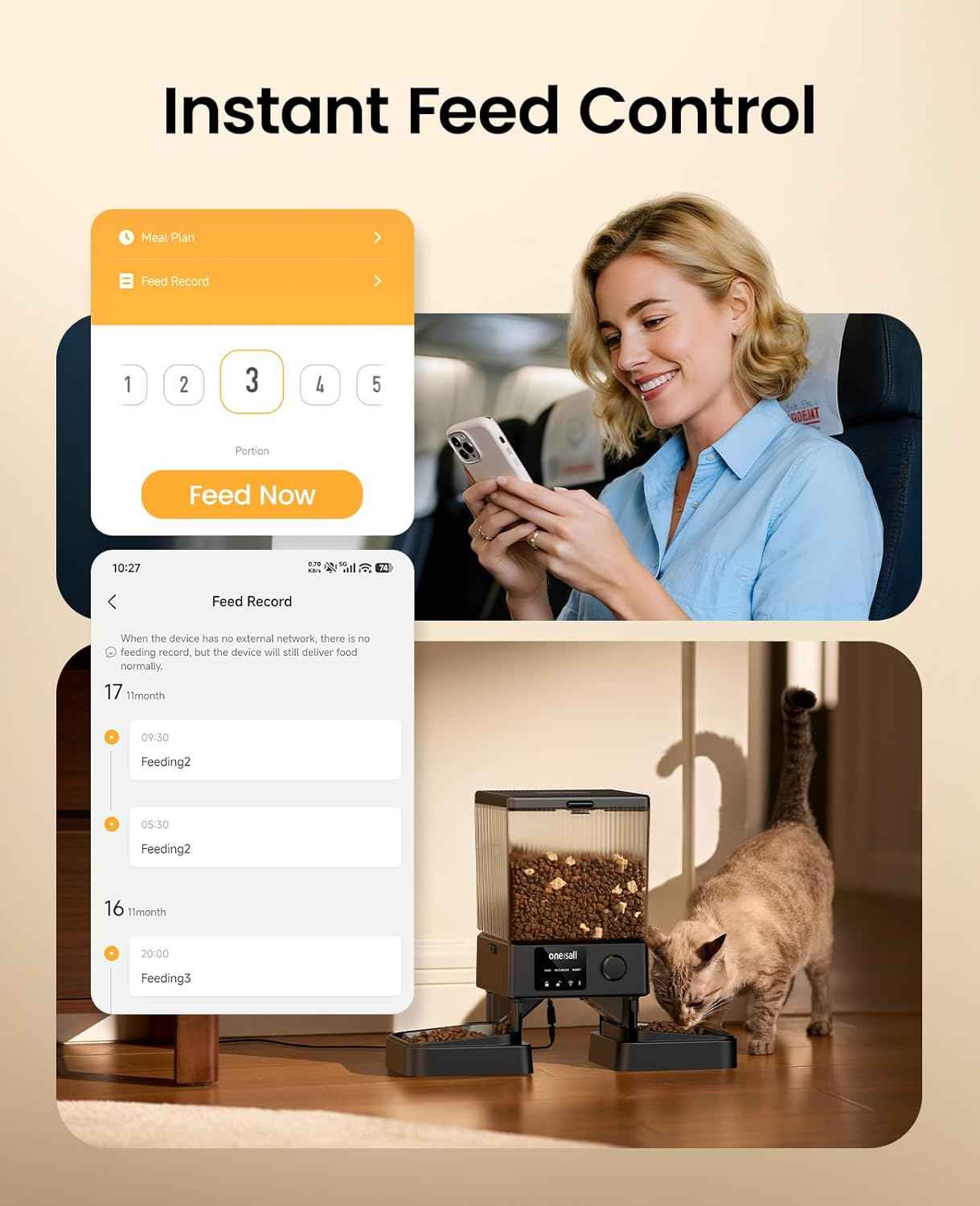 oneisall Automatic Cat Feeder with 5G WiFi, Automatic Cat Food Dispenser for 2 Cats Small Pets, 20 Cups/5L Timed Dry Food Dispenser with APP Control