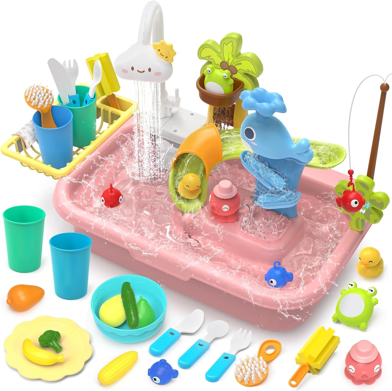 21 Blue Kids Kitchen Sink Toy with Electric Faucet 4-in-1 Play Set with Detachable Legs and Fishing Game