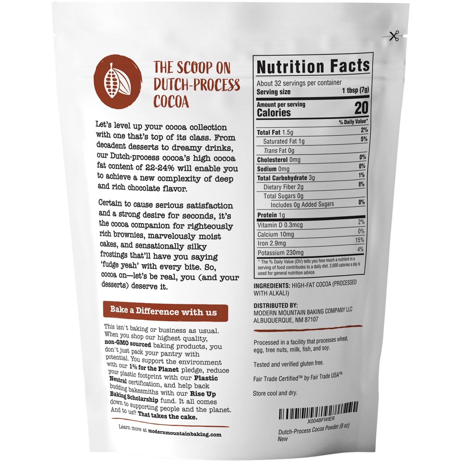 Dutch Processed Cocoa Powder Unsweetened 8 oz Non-Gmo Fair Trade Culinary Grade Cocoa