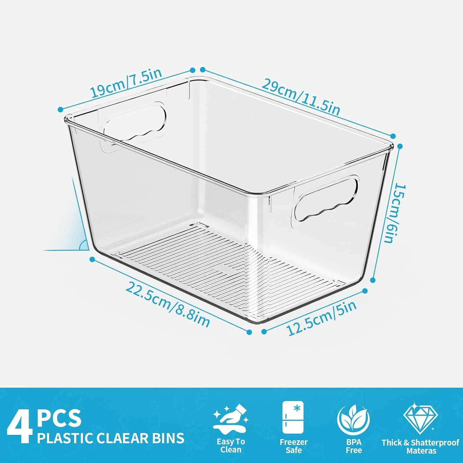 Clear Plastic Storage Bins, 4-Pack Stackable Pantry Organizers and Storage Containers for Kitchen, Fridge, Cabinet and Closet Organization - Home Essentials