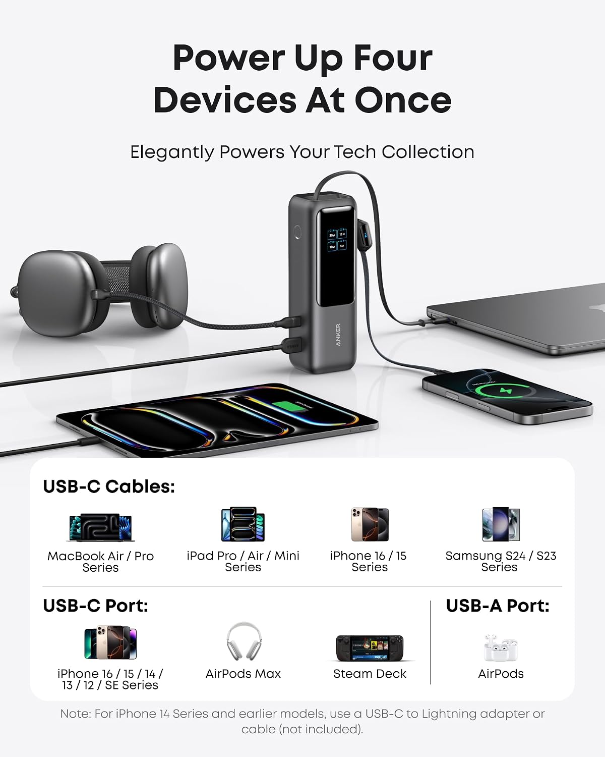 Anker Laptop Power Bank,25,000mAh Portable Charger with 165W Total Output,3 USB-C Ports (100W Max Each),Built-in Retractable Cables,Flight-Ready,for iPhone 17/16 Series,MacBook,Samsung,and More