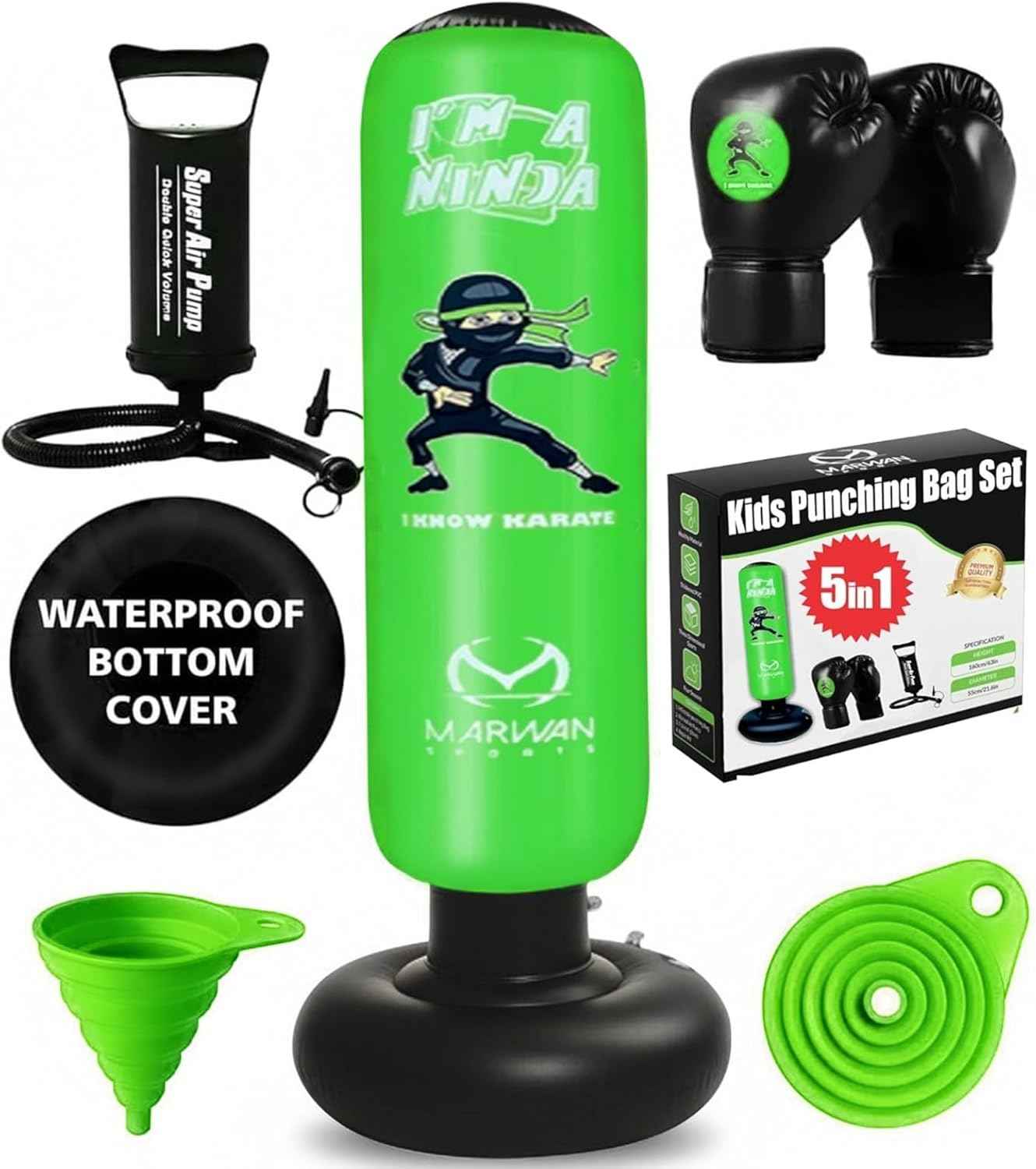 Marwan Sports 5-in-1 Inflatable Punching Bag for Kids – 63" Karate Toy Set with Boxing Gloves, Durable Fast Rebound, Active Play, Stress Relief Christmas/Birthday Gift for Boys & Girls Ages 4-12