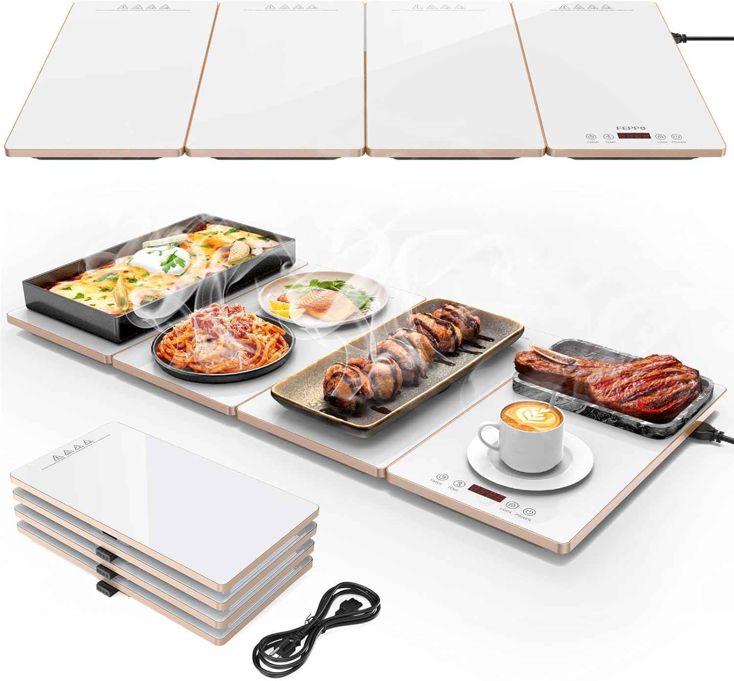 FEPPO Electric Warming Tray, 4-in-1 Food Warmers for Parties Buffet with 10 Temp Settings and Timer, 33"x15" Glass Surface Warming Mat for Food, Modular Buffet Hot Plates for Catering and Gatherings