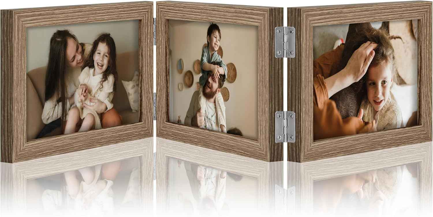 decorUhome Triple 4x6 Picture Frame Vertical, Engineered Wood Trifold Photo Frame with Plexiglass for Tabletop Display, 4x6, Black
