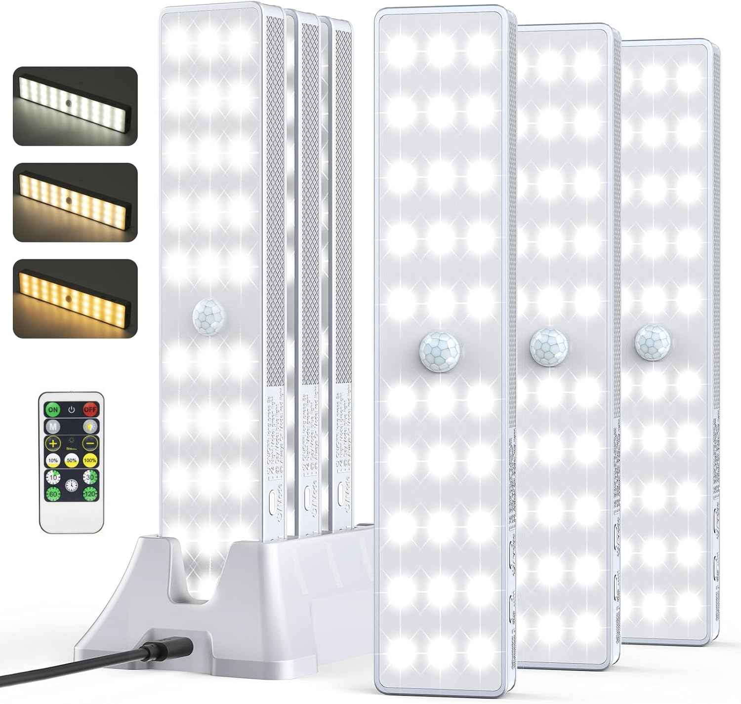 LED Closet Light with Charging Station, 6 Pcs 30LEDs 8'' Dimmer Rechargeable Motion Sensor Under Cabinet Lighting, Stick-Anywhere Night Light for Wardrobe,Kitchen