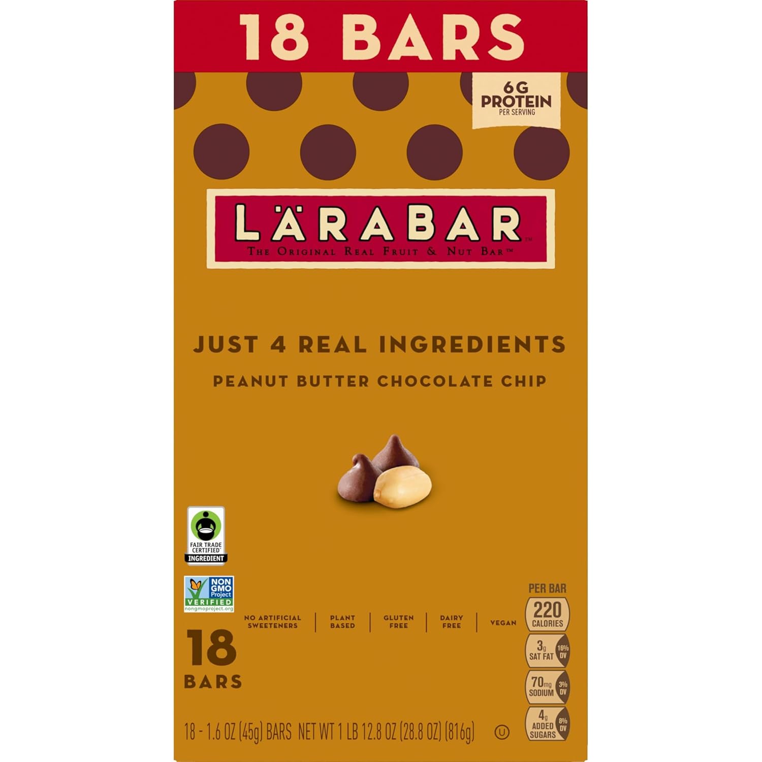 larabar peanut butter chocolate chip bars, 28.8 oz, 18 ct, gluten free, vegan